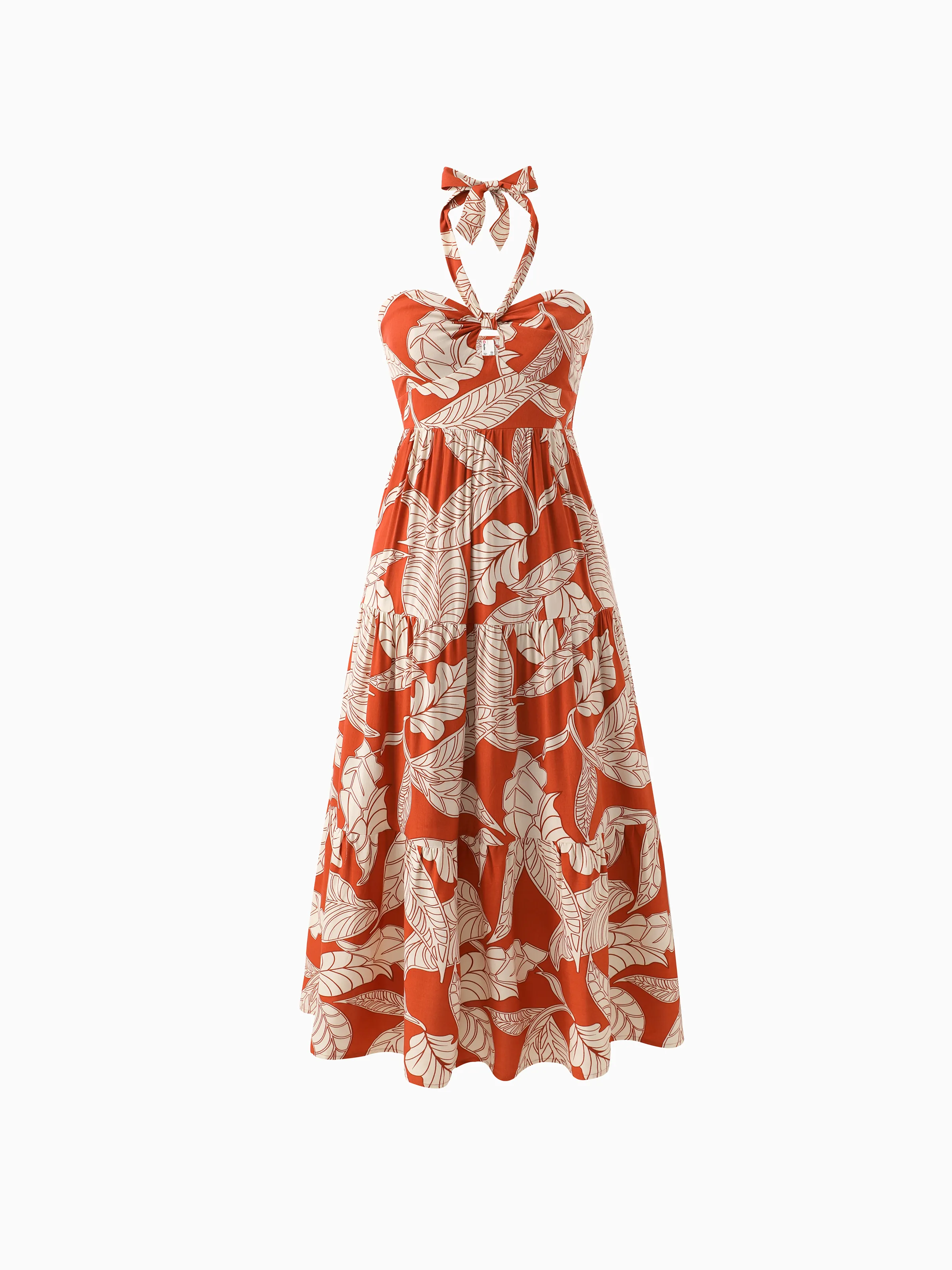 

Family Matching Outfits Coral Leaf Print Halter Dress or Short-sleeve Shirt Set Summer Vacation Collection