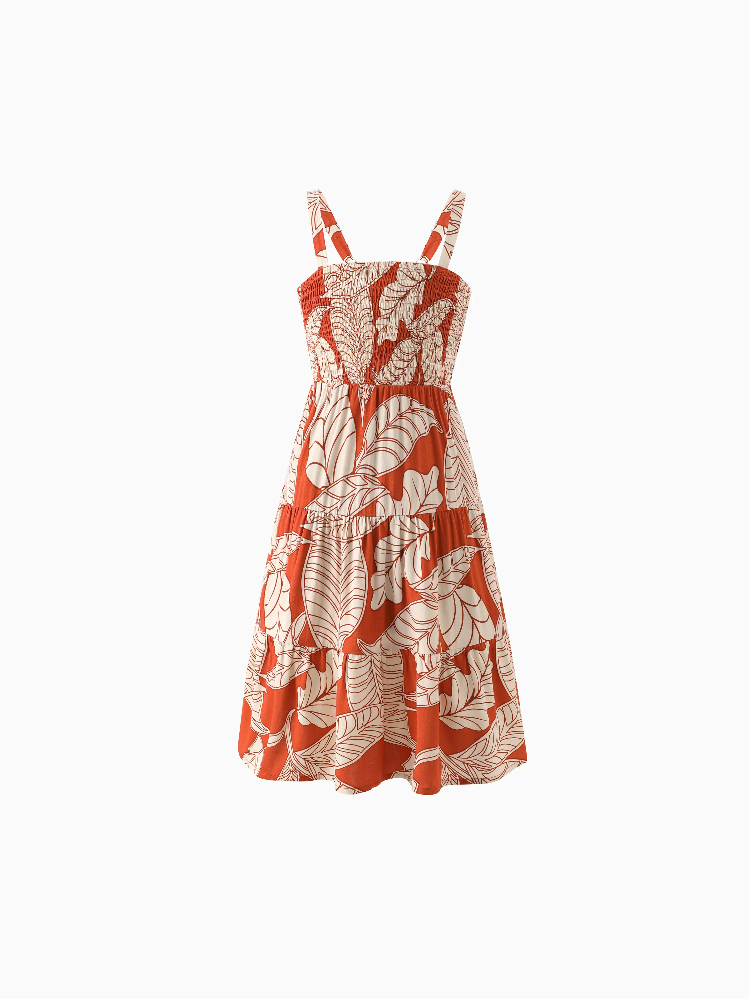

Family Matching Outfits Coral Leaf Print Halter Dress or Short-sleeve Shirt Set Summer Vacation Collection