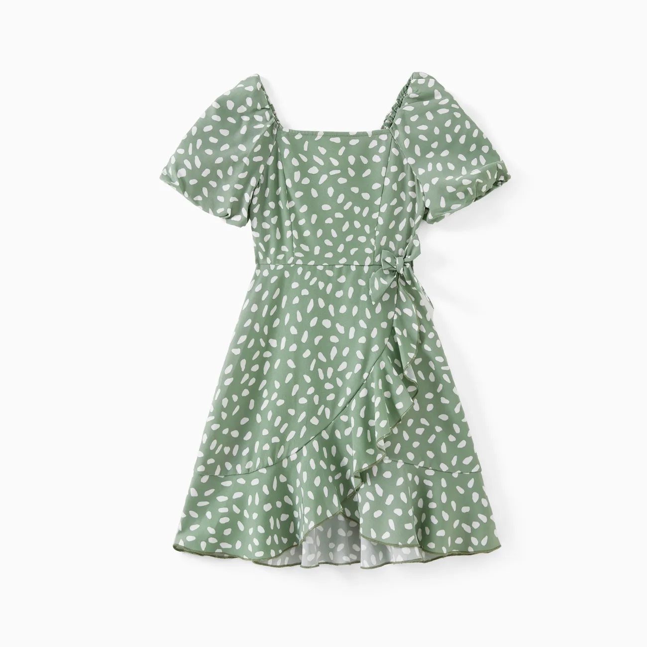 Mommy and Me Green Polka Dot Dresses Puff Sleeve Wrap Dress for Mom, Girl, and Baby, Ruffle Hem Family Matching Outfit