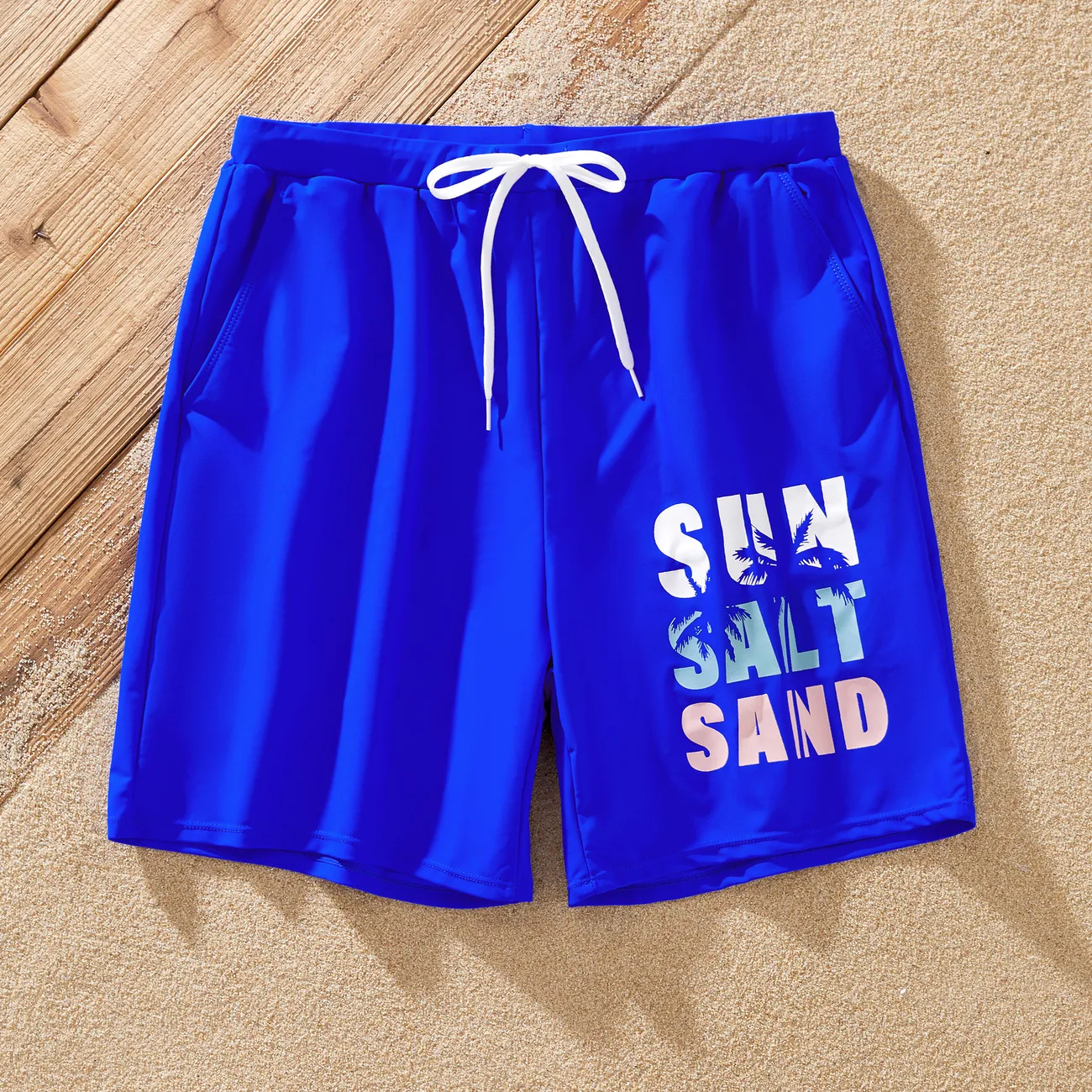 Family Matching Swimsuits 'Sun Salt Sand' Graphic Blue One-Piece Swimwear & Swim Trunks