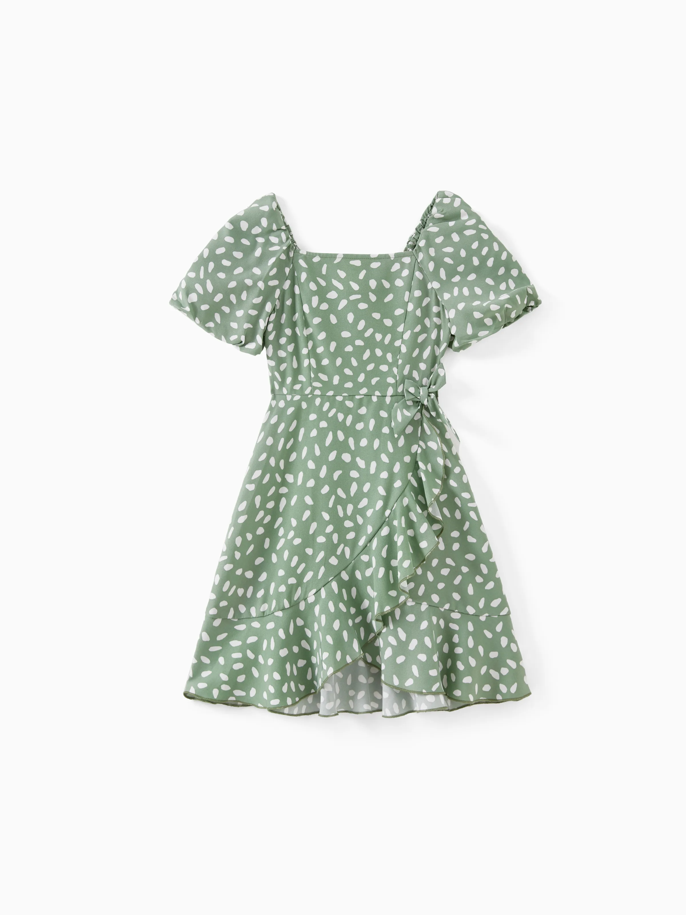 

Mommy and Me Green Polka Dot Dresses Puff Sleeve Wrap Dress for Mom, Girl, and Baby, Ruffle Hem Family Matching Outfit