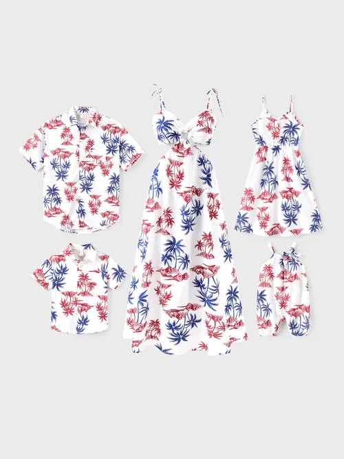 

Independence Day 4th of July Matching Family Outfits Red & Blue Palm Tree Print Hawaiian Vacation Clothes Summer Beach Shirt & Dress Set