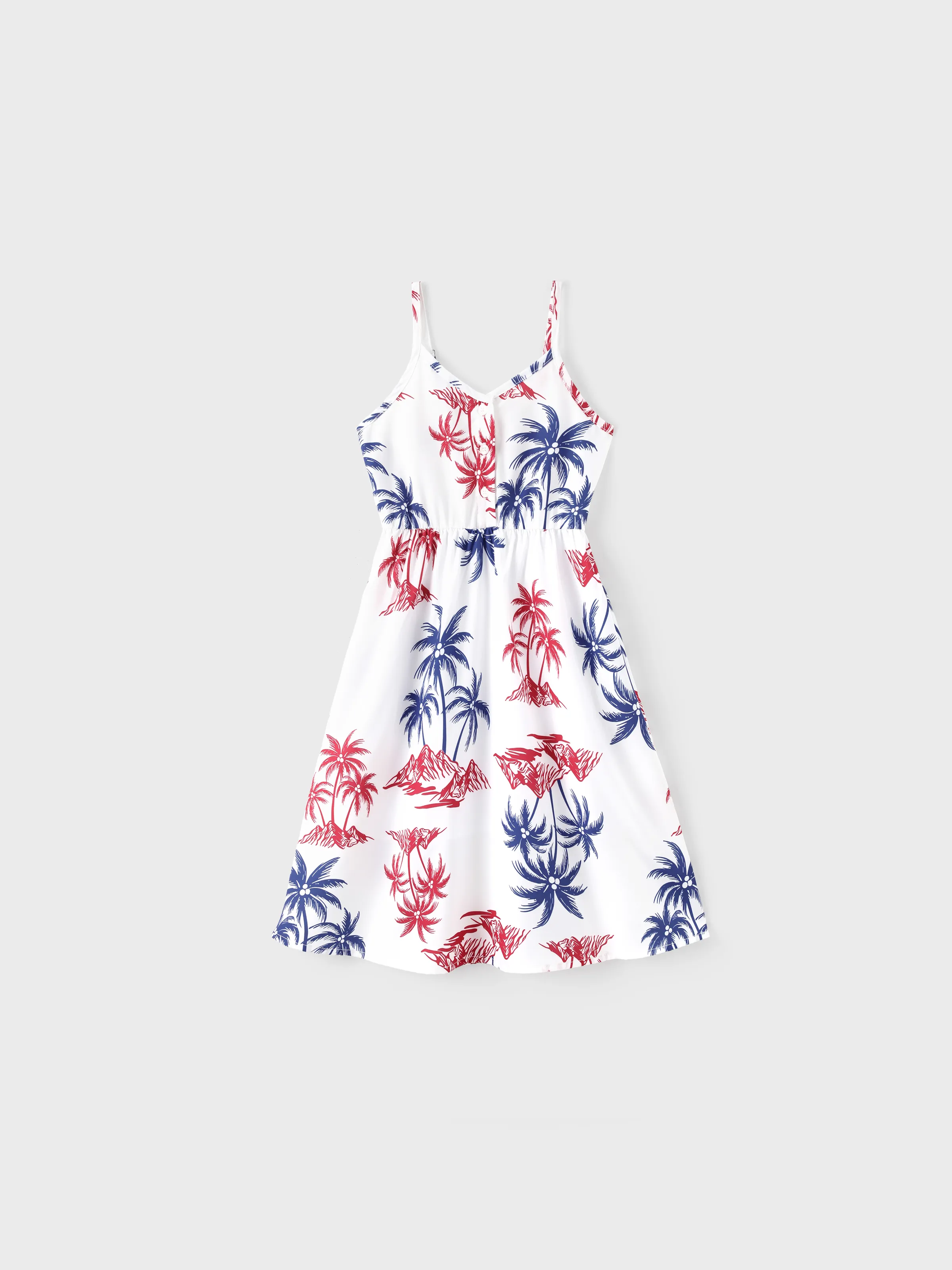 

Independence Day 4th of July Matching Family Outfits Red & Blue Palm Tree Print Hawaiian Vacation Clothes Summer Beach Shirt & Dress Set