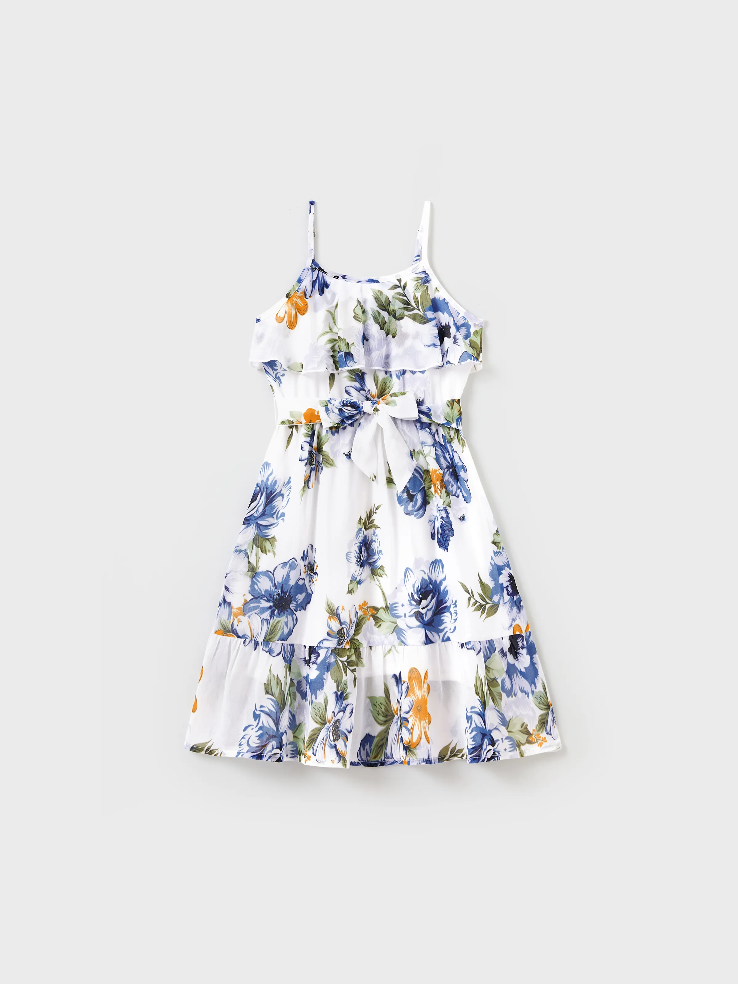 

Matching Family Outfits Blue Cotton T-Shirts or Floral Print Ruffle Strap Belted Dress Summer Family Look Set for Beach, Travel, and Photos