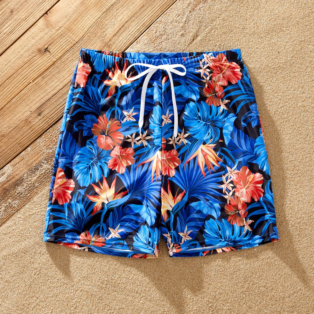 Family Matching Blue Tropical Floral Swim Trunks or Strappy Cross Two-piece Bikini