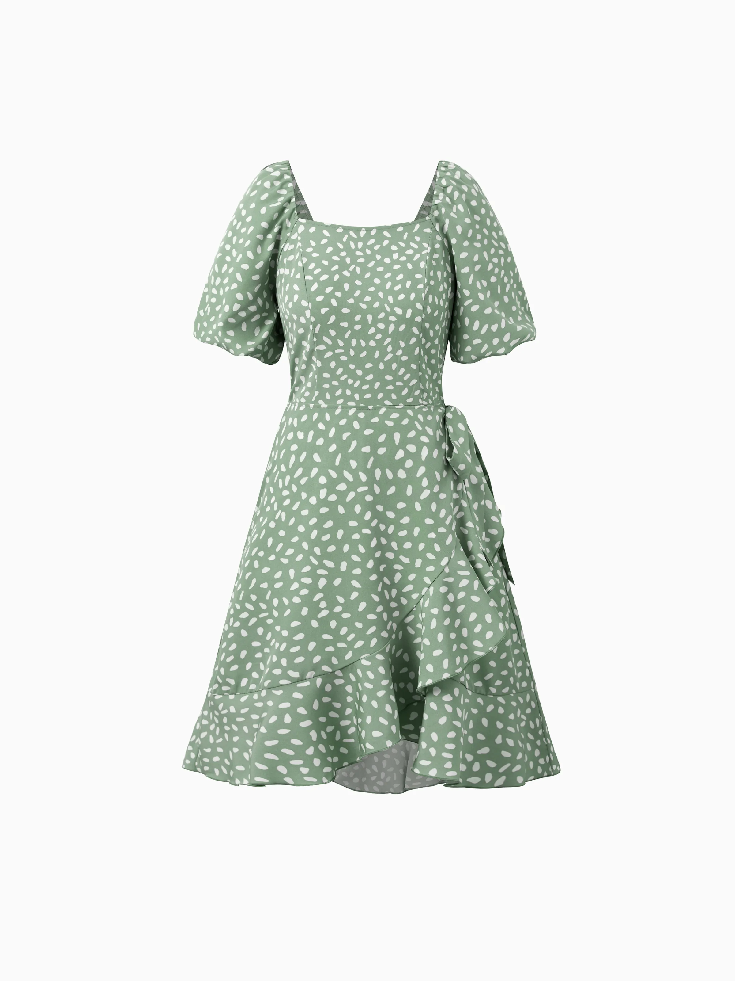 

Mommy and Me Green Polka Dot Dresses Puff Sleeve Wrap Dress for Mom, Girl, and Baby, Ruffle Hem Family Matching Outfit