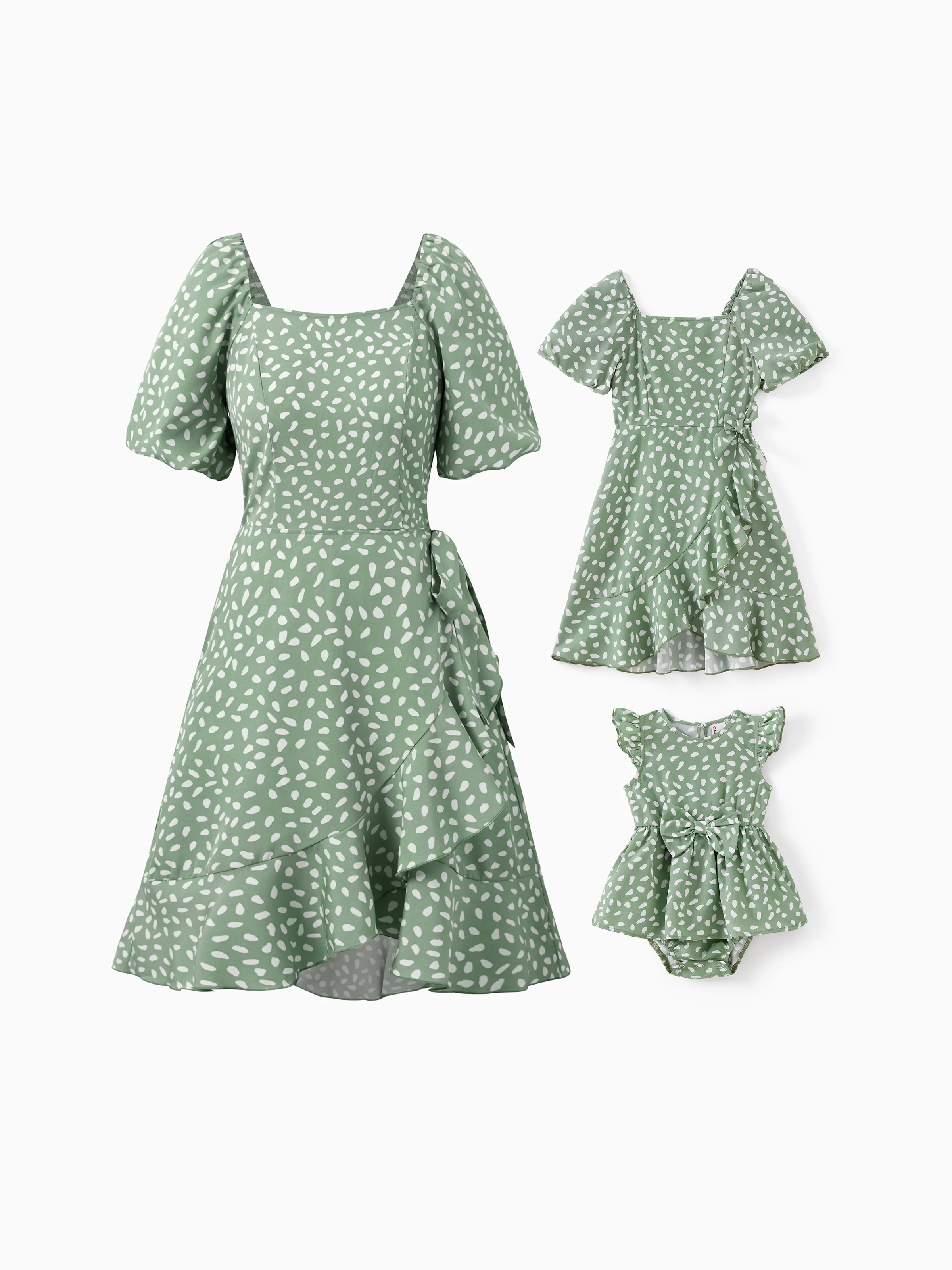Mommy and Me Green Polka Dot Dresses Puff Sleeve Wrap Dress for Mom, Girl, and Baby, Ruffle Hem Family Matching Outfit