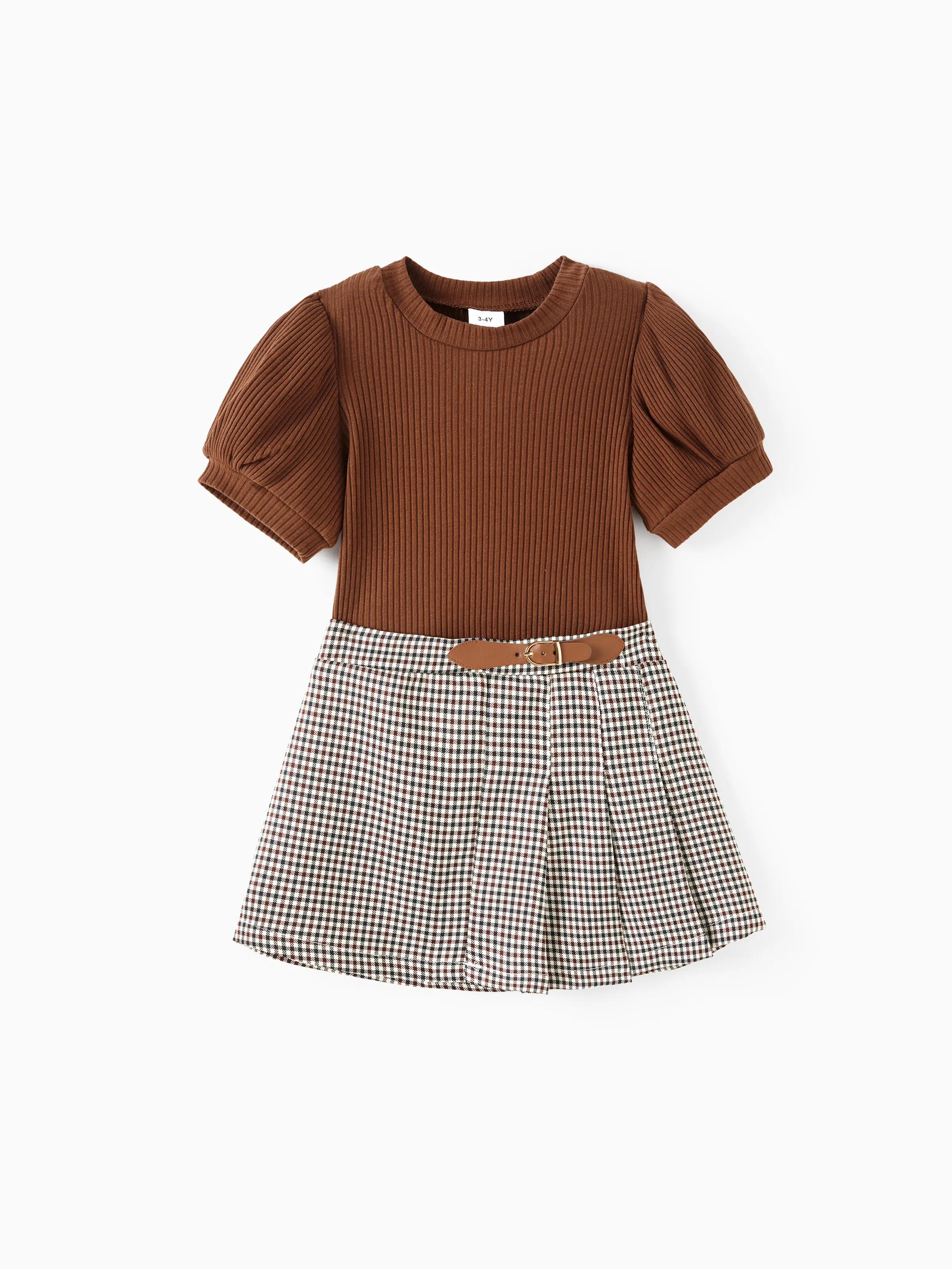 

2pcs Toddler Girl Classic Puff-sleeve Tee and Houndstooth Pleated Skirt Set