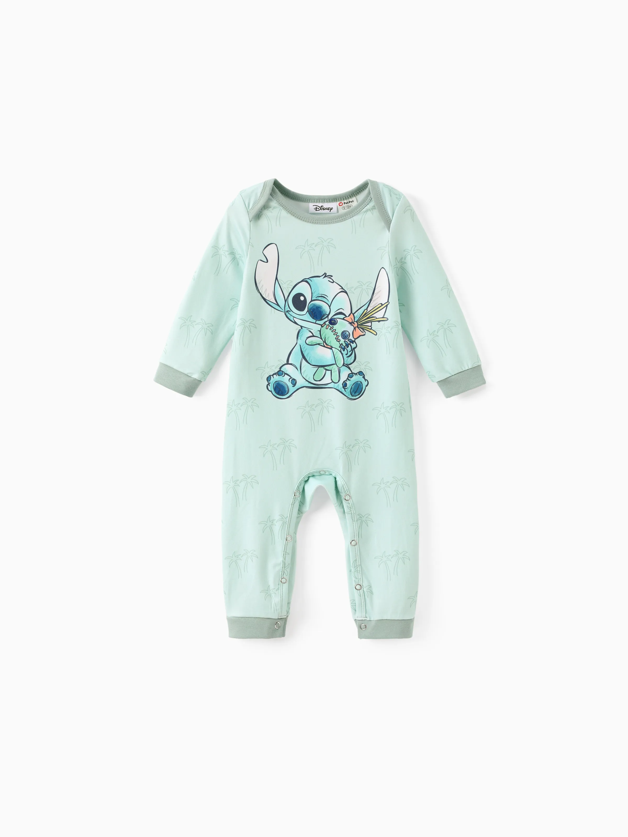 Disney Stitch Baby Boy/Girl Character Striped/Palm Tree Pattern Jumpsuit Light Green