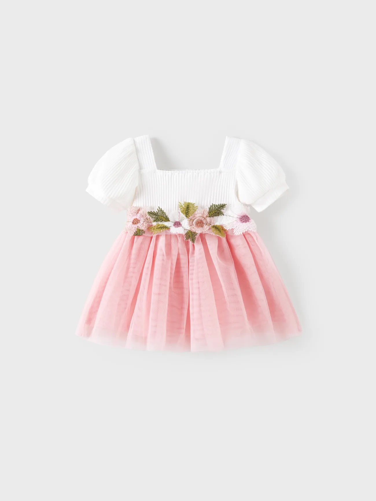 Baby Girl 95% Cotton Ribbed Square Neck Puff-sleeve Spliced Floral Embroidered Mesh Fairy Dress