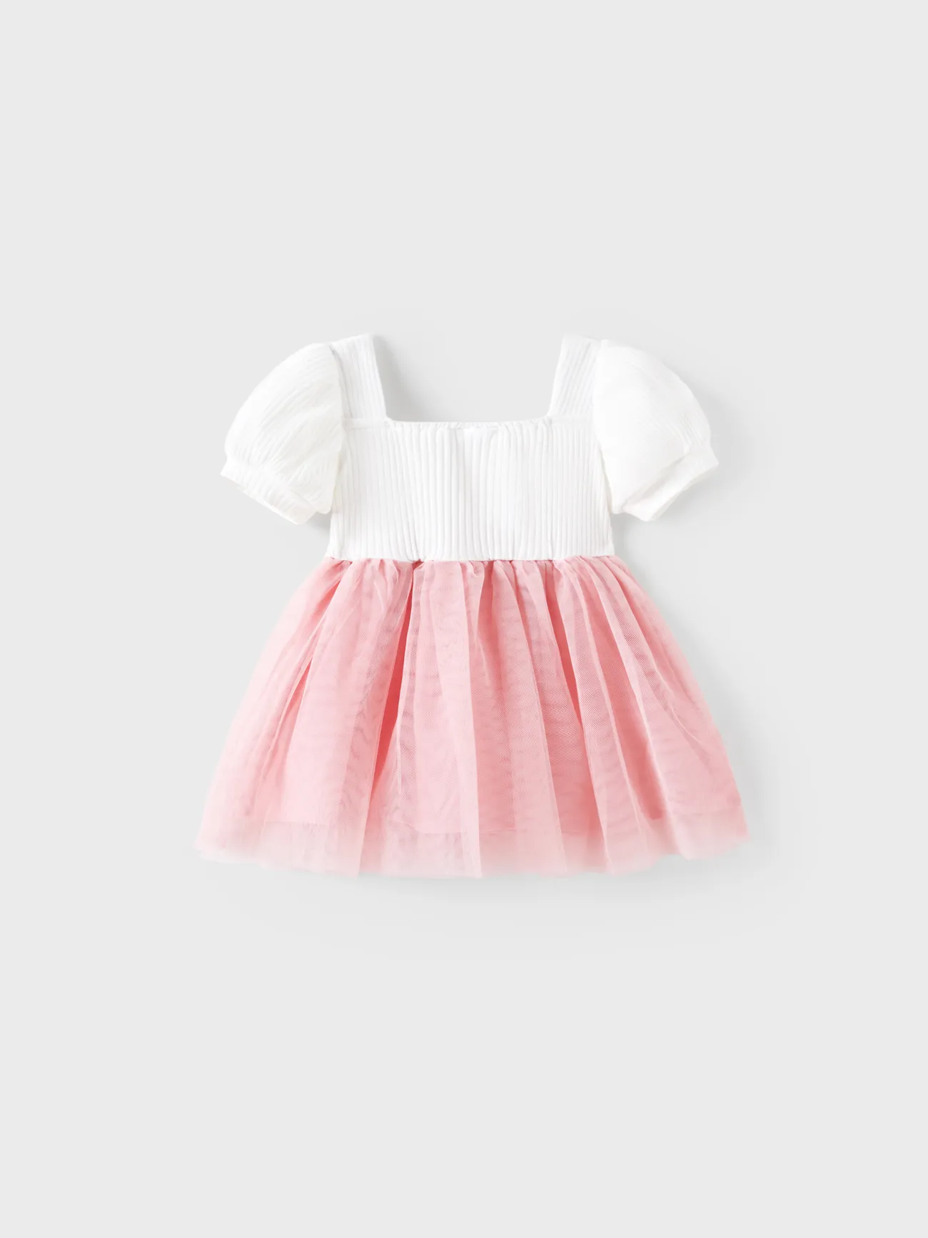 Pink - Baby Girl 95% Cotton Ribbed Square Neck Puff-sleeve Spliced Floral Embroidered Mesh Fairy Dress - image 2
