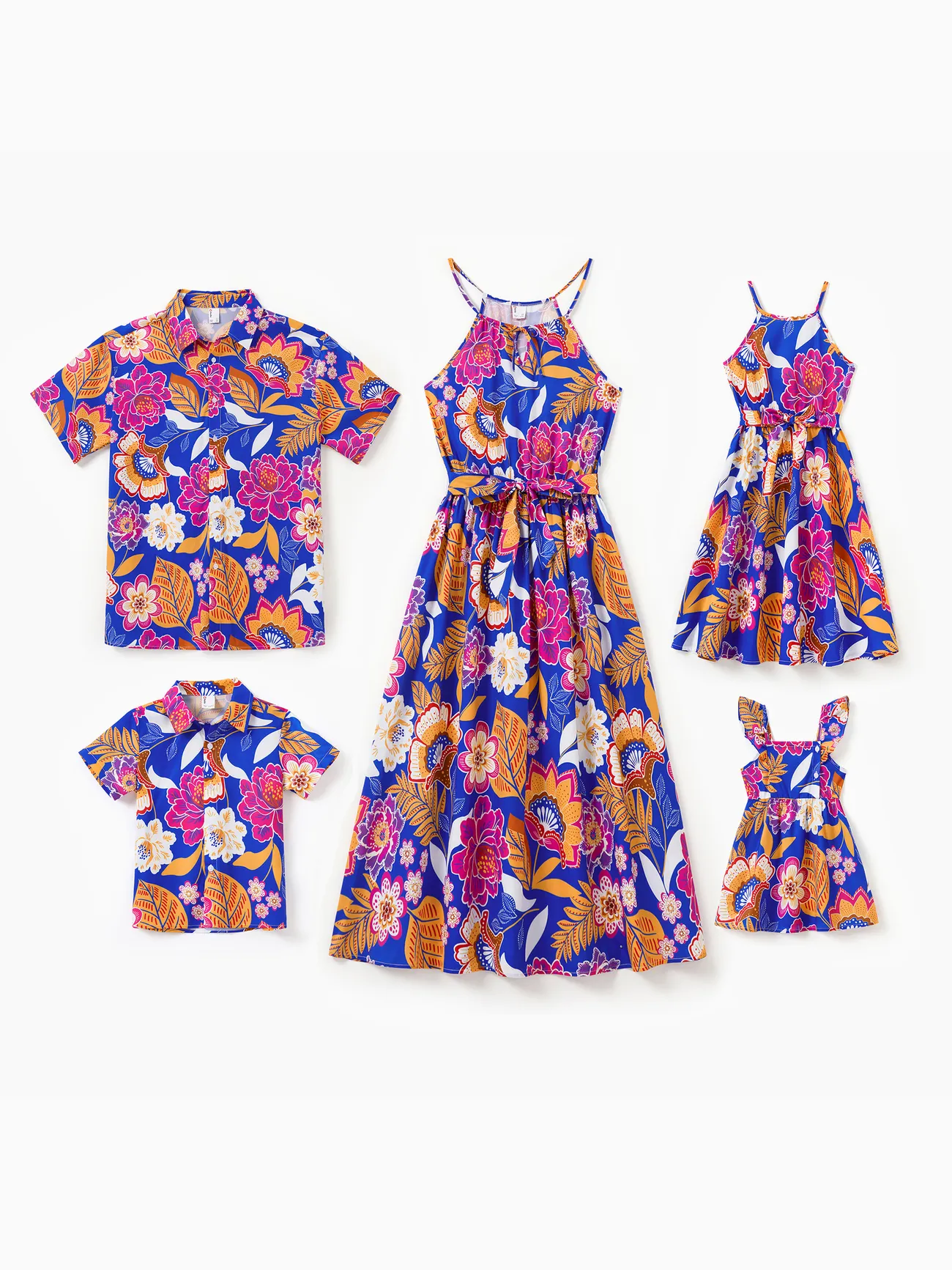 Family Matching Hawaiian Outfits Tropical Floral Print Vacation Clothes Strap Belted Dress or Short-sleeve Shirts Summer Beachwear Set