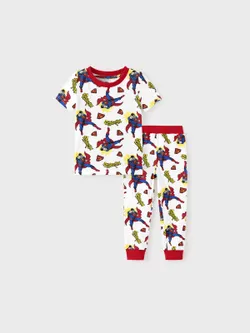 Justice League Toddler Boy 2pcs Bamboo Batman/Superman Allover Print Snug-Fitting Pajamas Set  Red
