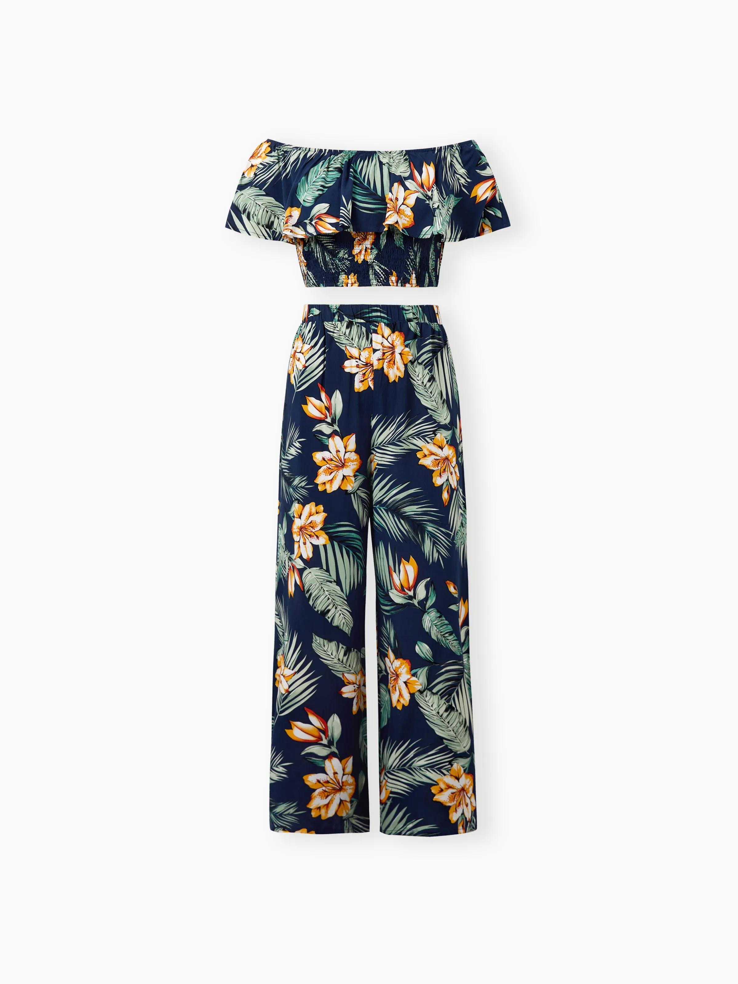 

Matching Family Outfit Tropical Floral Ruffle Off Shoulder Smocking Top and Pants Set or Short-sleeve Shirt for Couple Summer Beach Clothes
