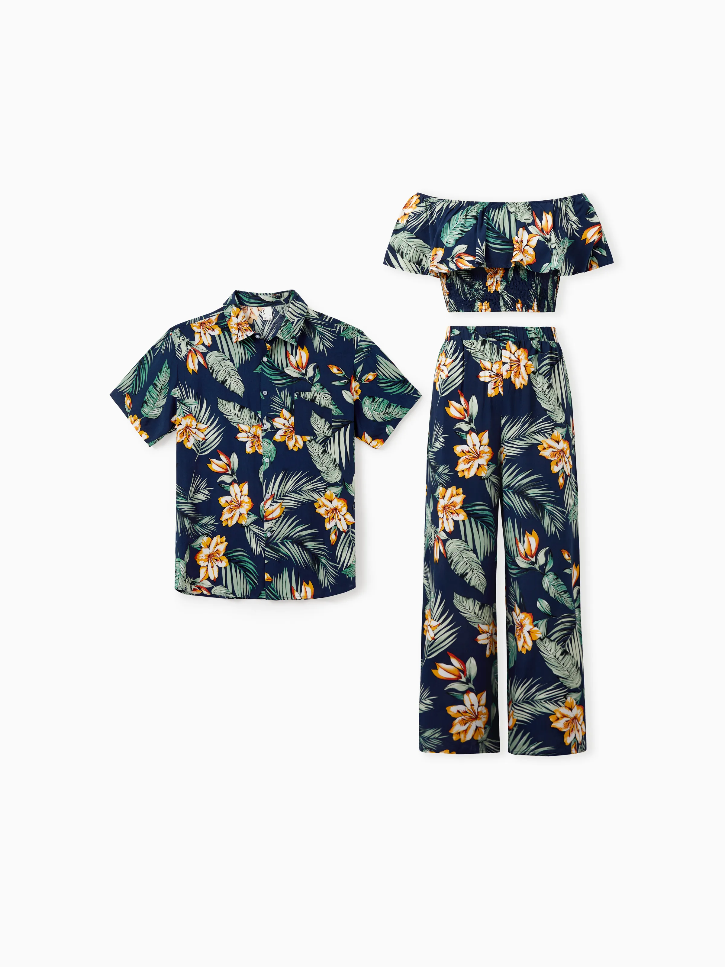 Matching Family Outfit Tropical Floral Ruffle Off Shoulder Smocking Top and Pants Set or Short-sleeve Shirt for Couple Summer Beach Clothes