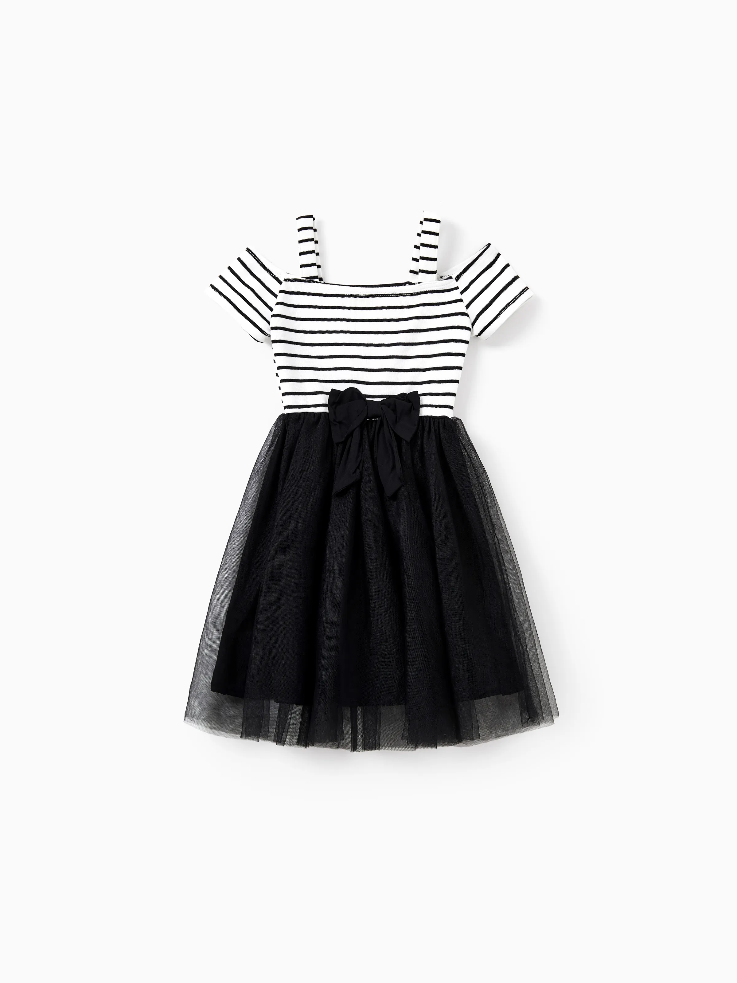 

Family Matching Outfit for Mommy and Me Solid Color Stripe Short-sleeve One Shoulder Body-con Dress for Mom or Strap Mesh Tutu Dress for Girl / Baby Girl