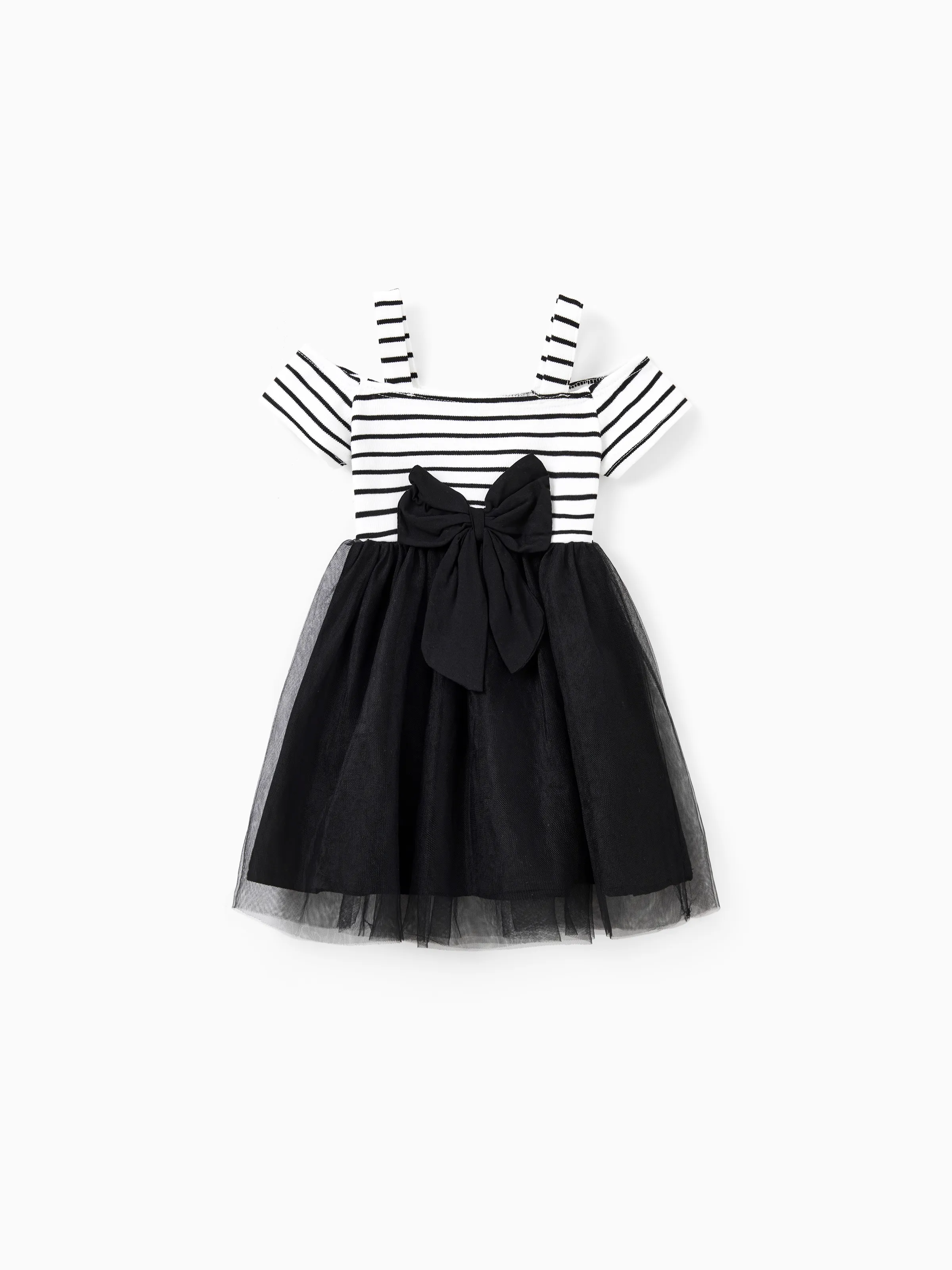 

Family Matching Outfit for Mommy and Me Solid Color Stripe Short-sleeve One Shoulder Body-con Dress for Mom or Strap Mesh Tutu Dress for Girl / Baby Girl