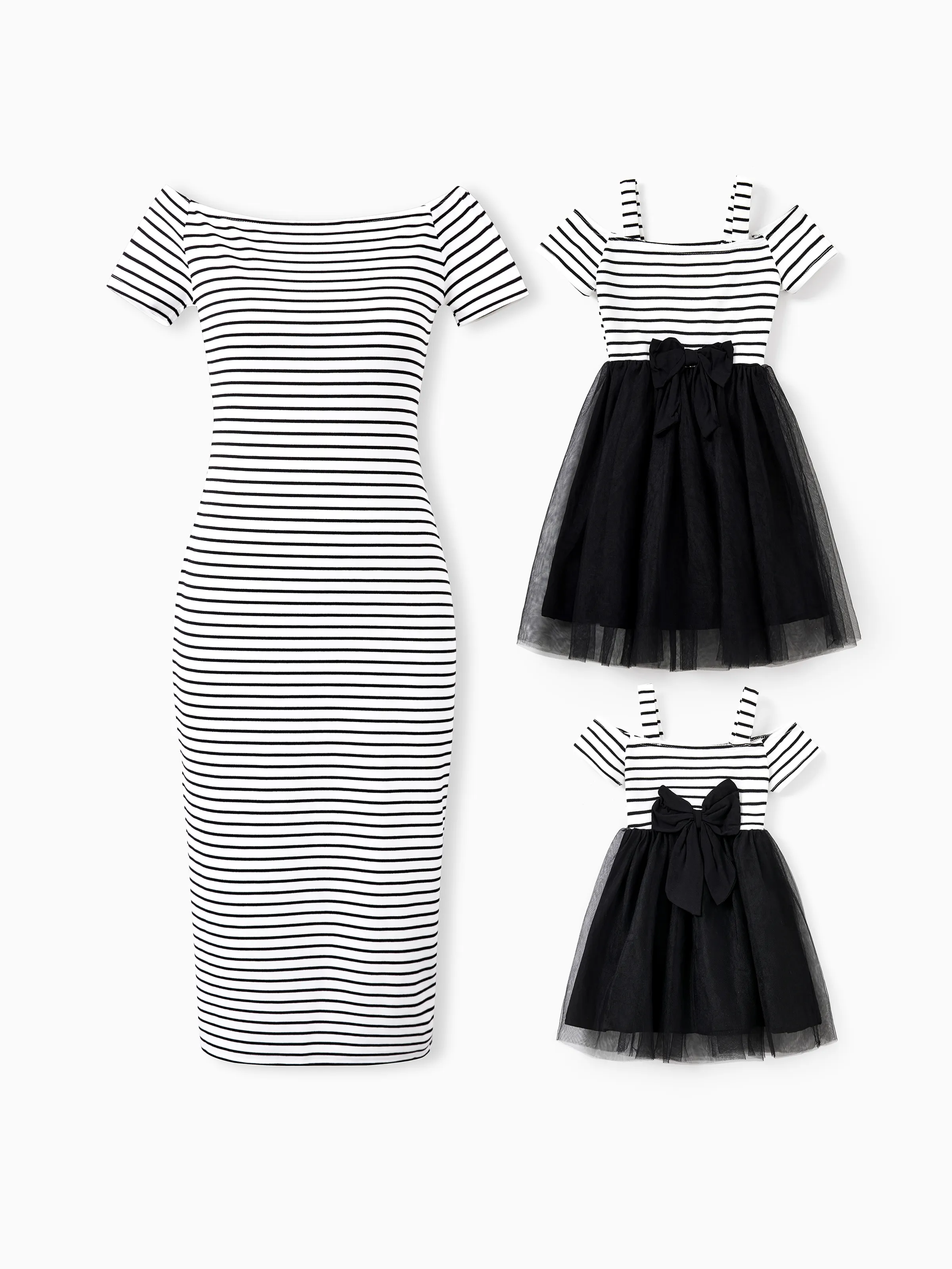 Family Matching Outfit for Mommy and Me Solid Color Stripe Short-sleeve One Shoulder Body-con Dress for Mom or Strap Mesh Tutu Dress for Girl / Baby Girl
