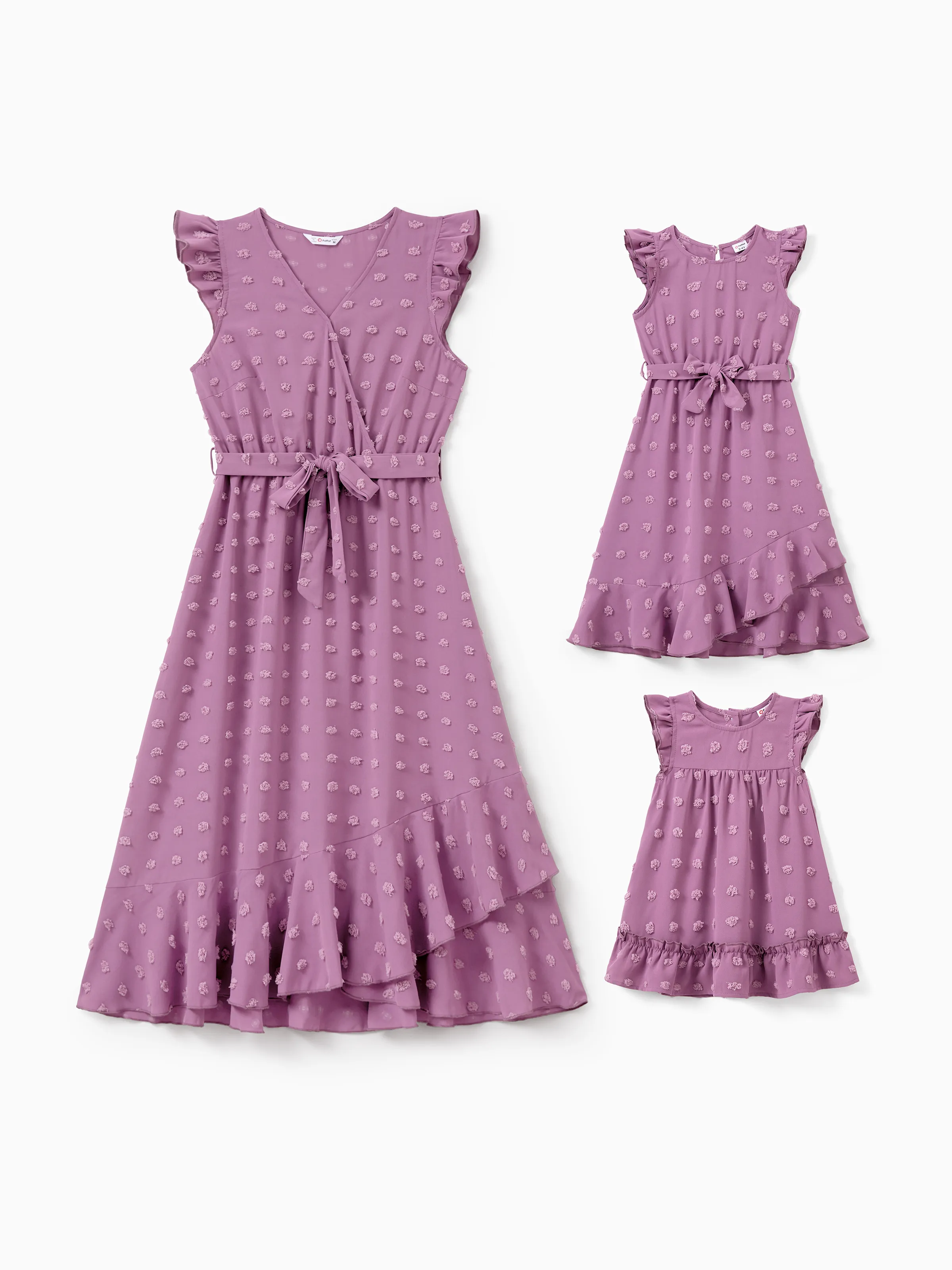 Mommy and Me Matching Dresses Ruffle Sleeve Purple Belted Summer Dress
