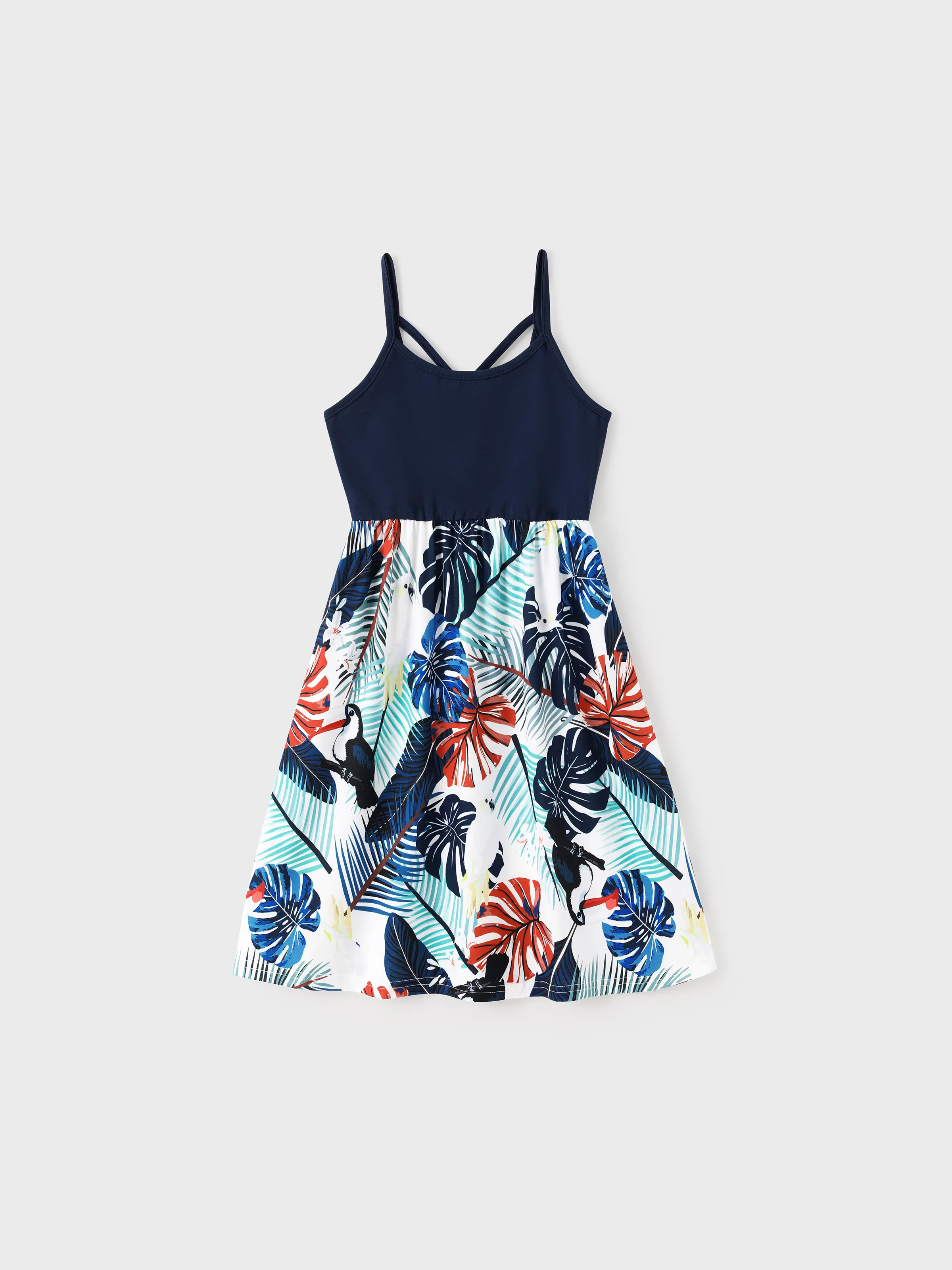 

Mommy and Me Dresses Tropical Plants Floral Print Splicing Strap Matching Dress