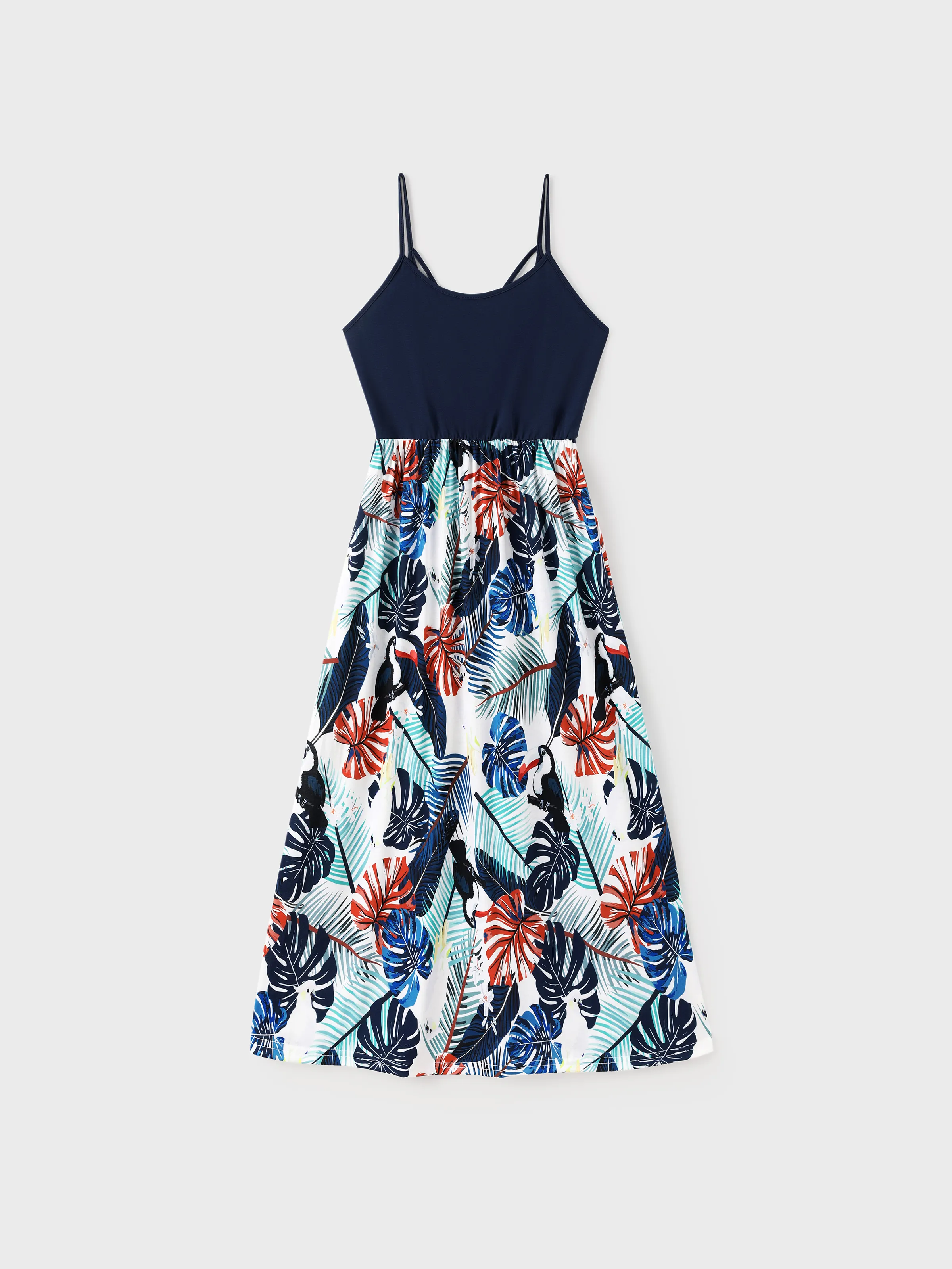 

Mommy and Me Dresses Tropical Plants Floral Print Splicing Strap Matching Dress