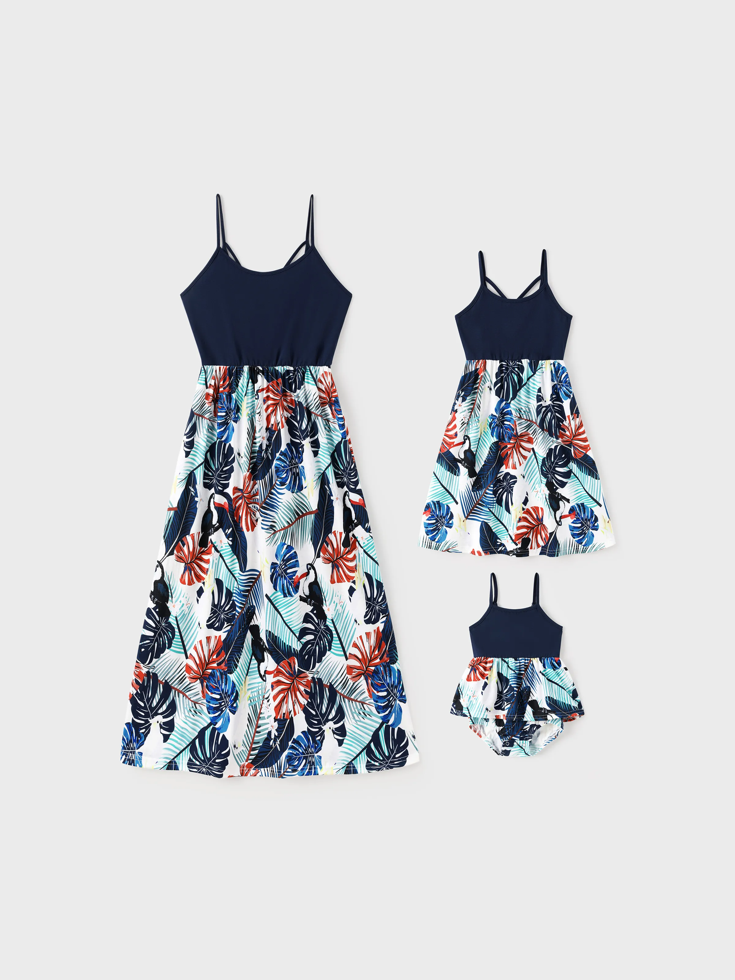 Mommy and Me Dresses Tropical Plants Floral Print Splicing Strap Matching Dress
