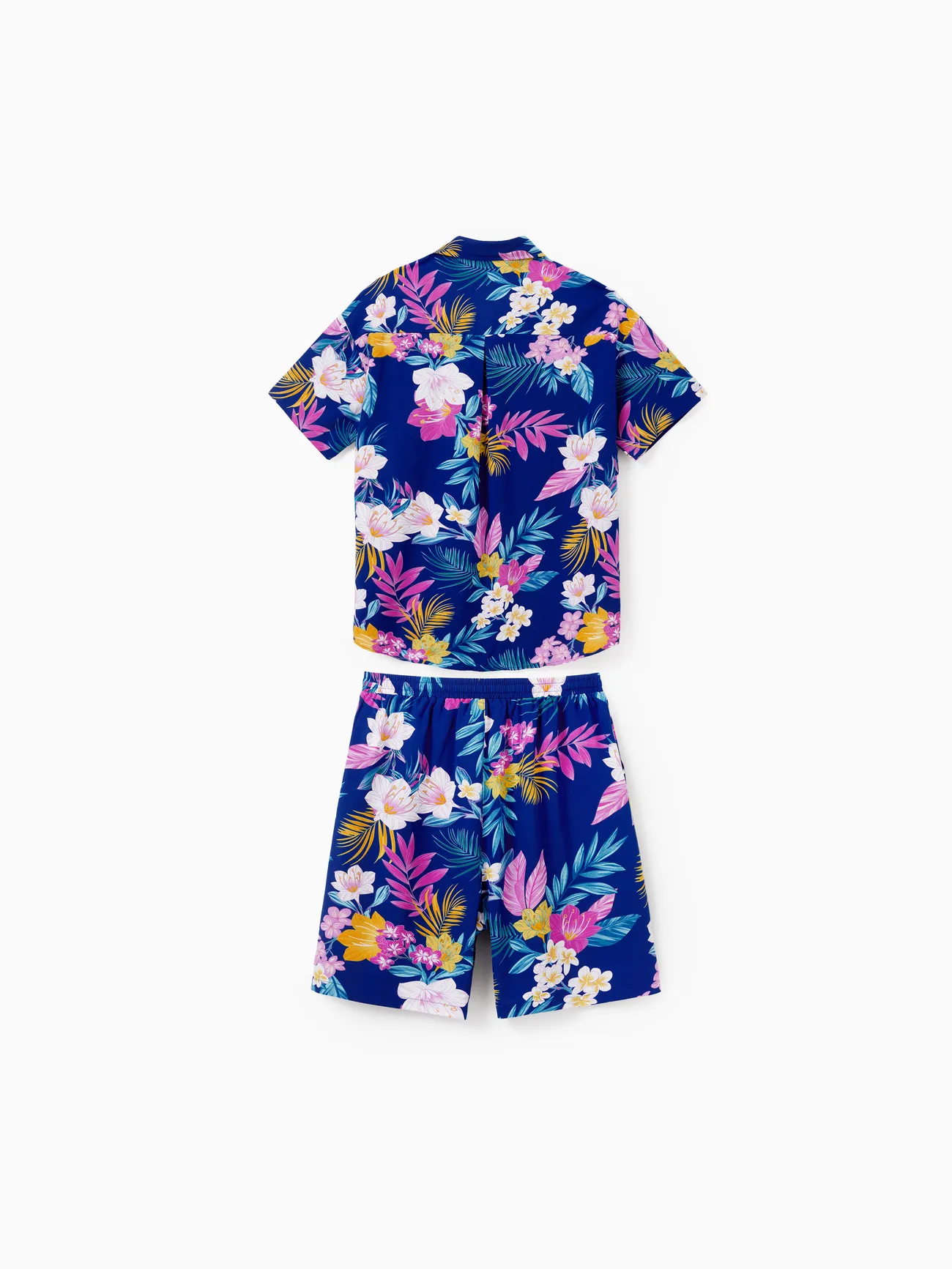 Men - Matching Family Hawaiian Outfits Tropical Floral Print Strap Dress or Short-sleeve Shirts & Shorts Set Summer Beachwear Set for Vacation - Deep Blue - image 18
