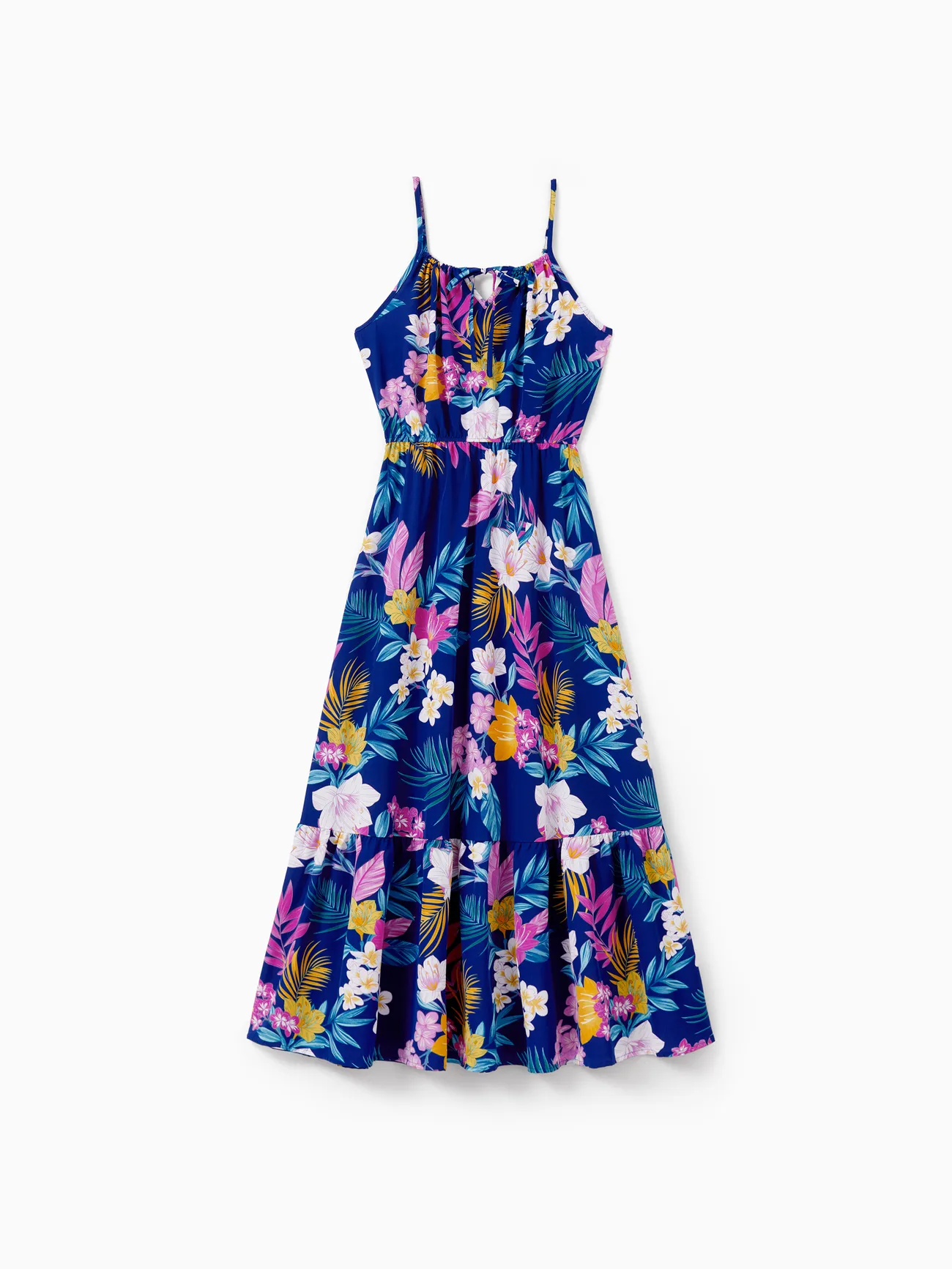 Women - Matching Family Hawaiian Outfits Tropical Floral Print Strap Dress or Short-sleeve Shirts & Shorts Set Summer Beachwear Set for Vacation - Deep Blue - image 2