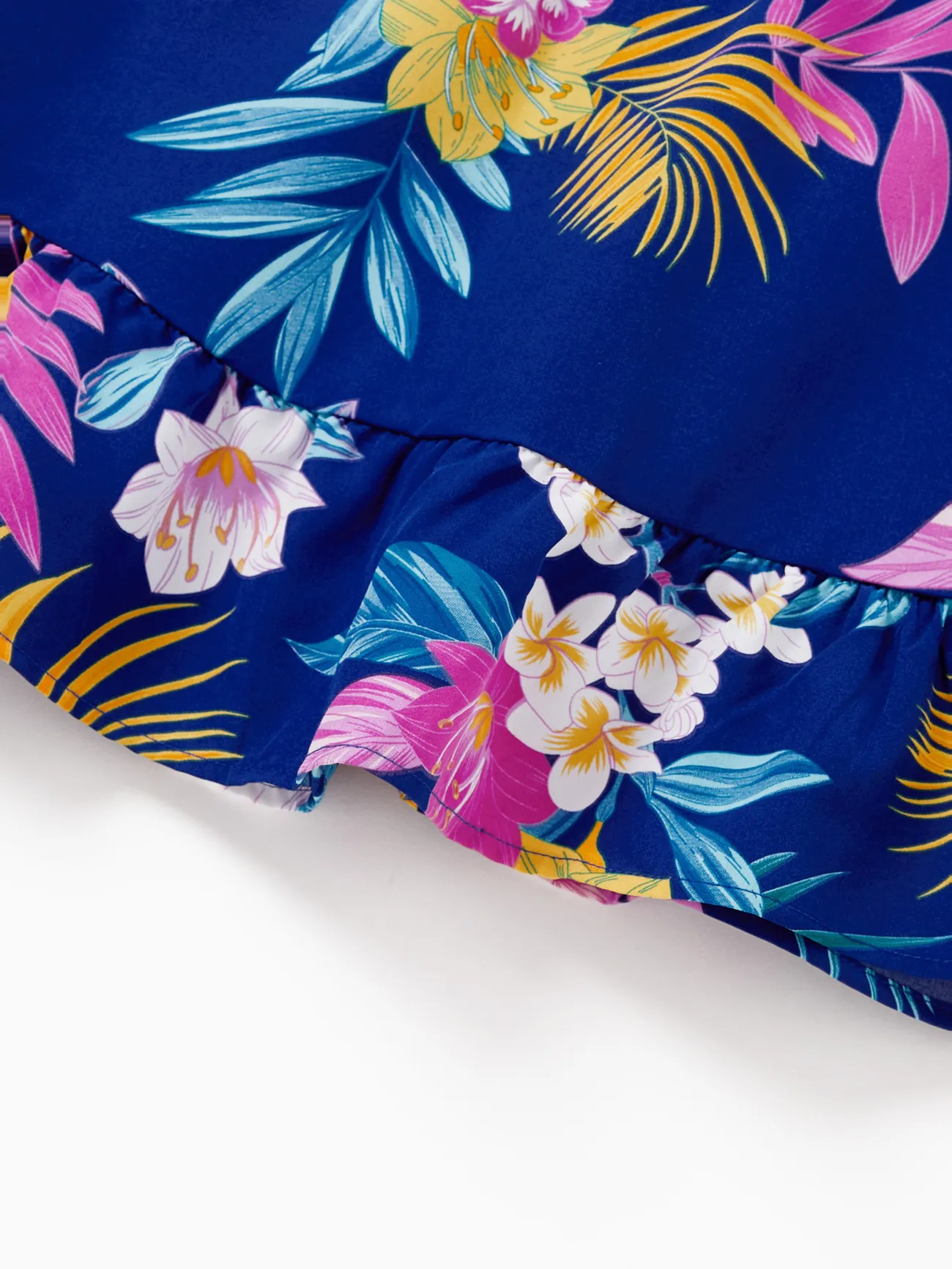 Girl - Matching Family Hawaiian Outfits Tropical Floral Print Strap Dress or Short-sleeve Shirts & Shorts Set Summer Beachwear Set for Vacation - Deep Blue - image 11