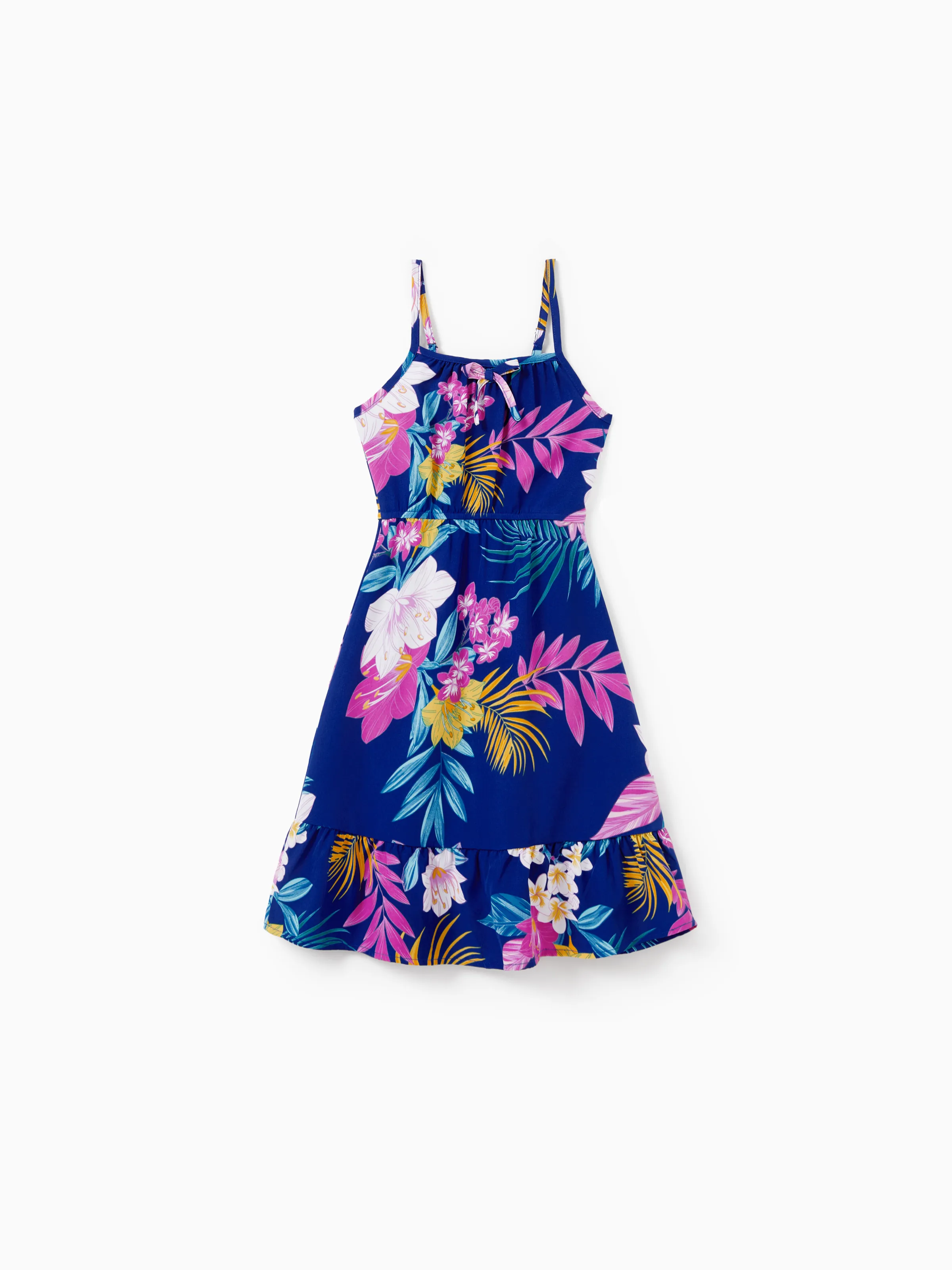 

Matching Family Hawaiian Outfits Tropical Floral Print Strap Dress or Short-sleeve Shirts & Shorts Set Summer Beachwear Set for Vacation