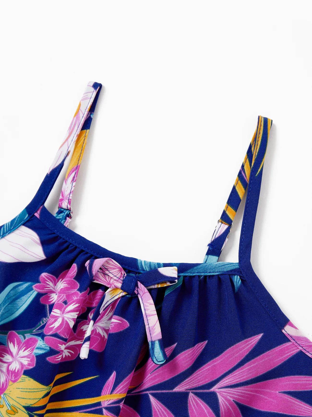 Girl - Matching Family Hawaiian Outfits Tropical Floral Print Strap Dress or Short-sleeve Shirts & Shorts Set Summer Beachwear Set for Vacation - Deep Blue - image 9