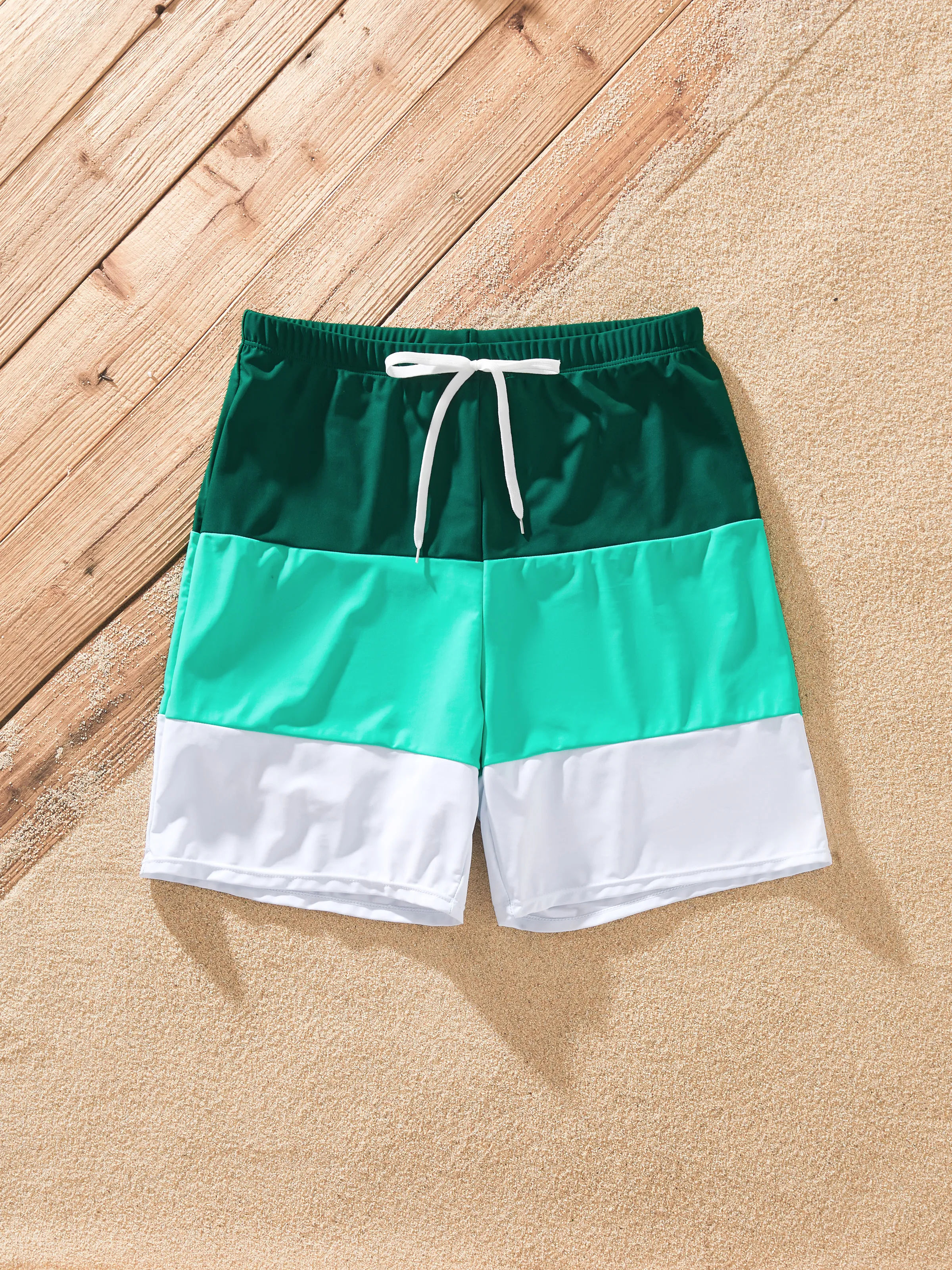 

Matching Family Swimsuits for Beach Green Colorblock One-Piece Swimwear or Swim Trunks Summer Vacation Outfits