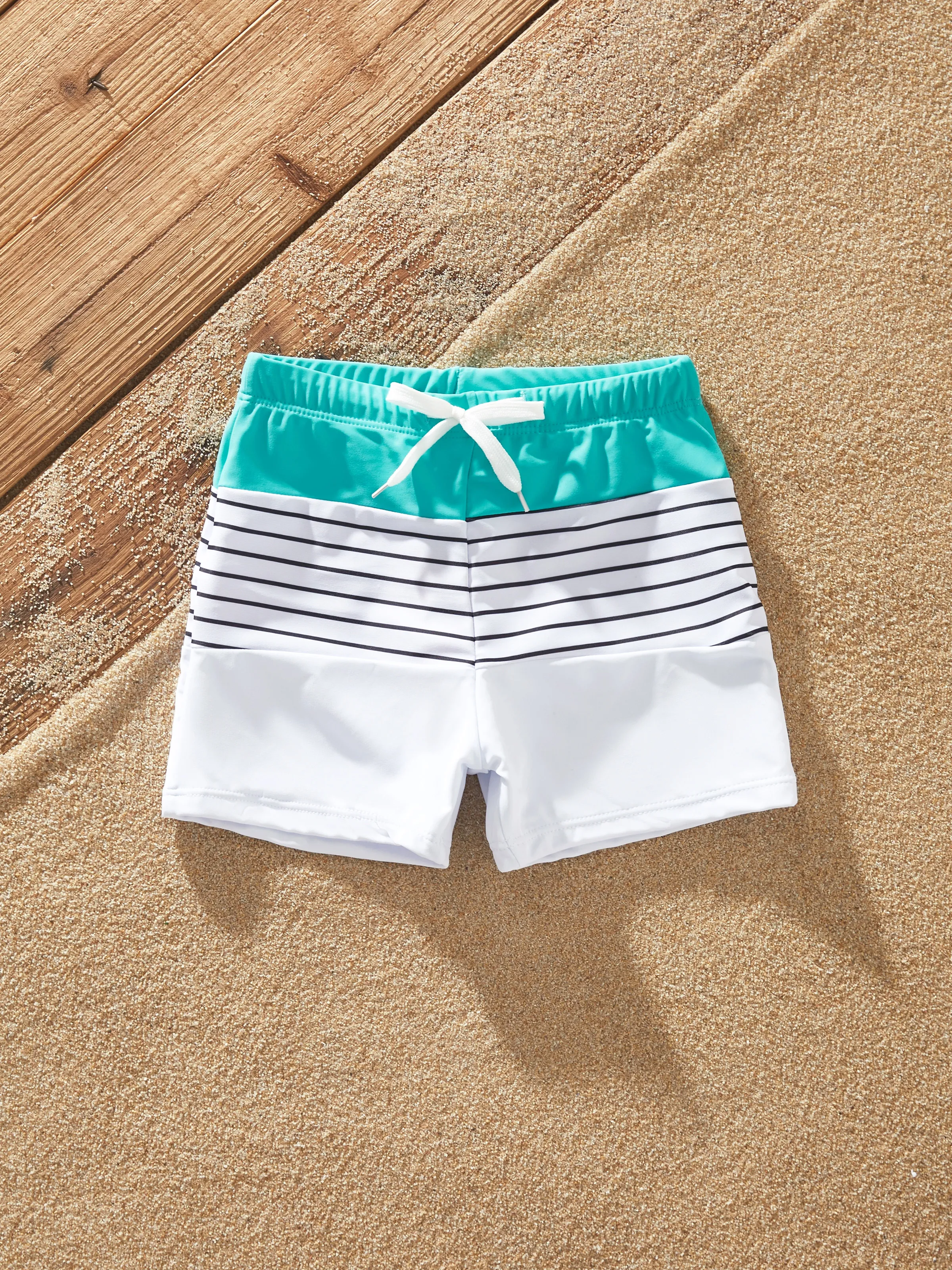 

Matching Family Swimwear Mint Green Cut Out Halter One-piece Swimsuits or Colorblock Stripe Swim Trunks