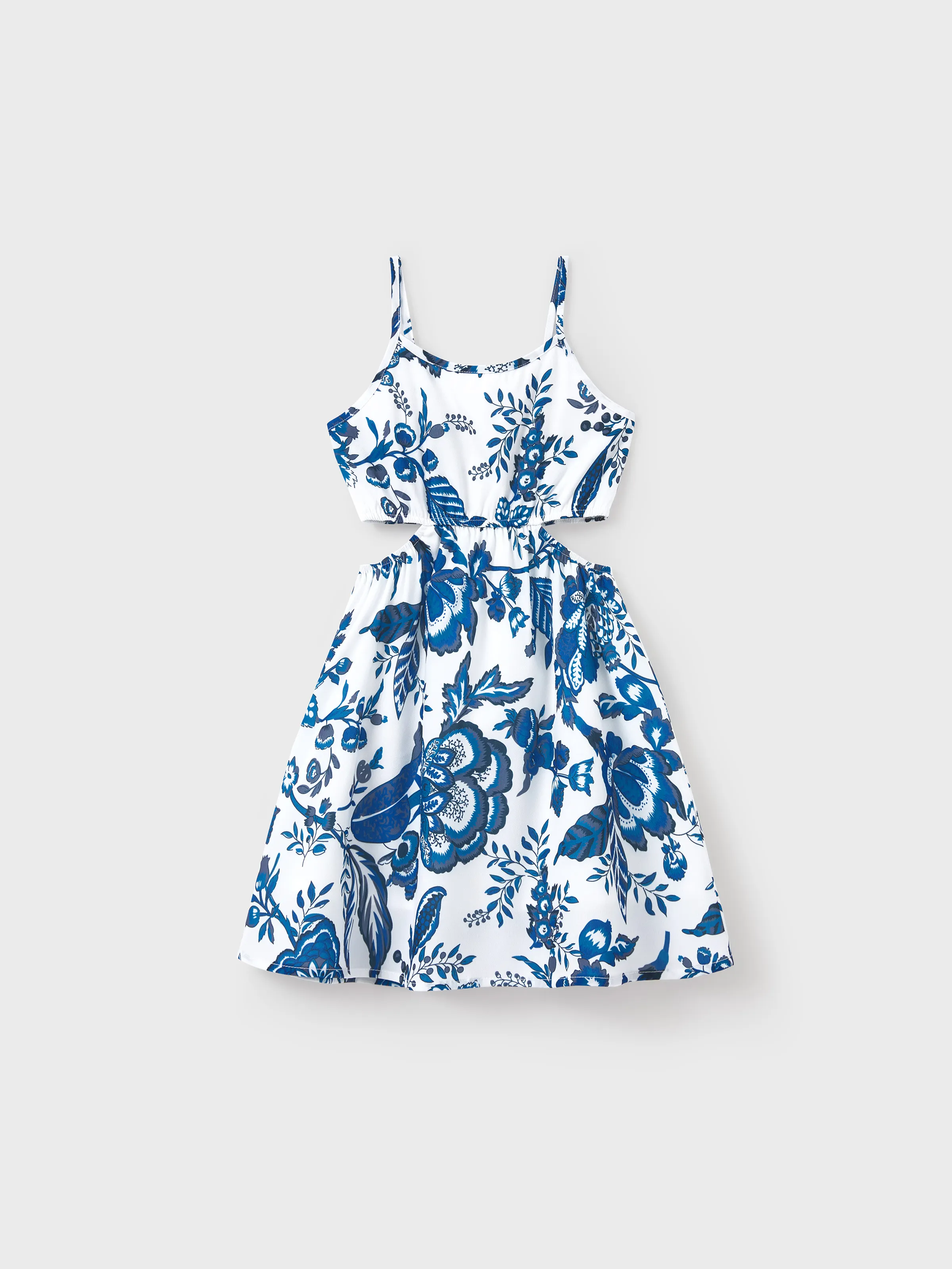 

Mommy and Me Dresses Blue Leaf Print Cut out waist Smocked Back Halter/ Strap Dress for Hawaii/Cruise/Resort/ Family Matching Outfits Casual Wear