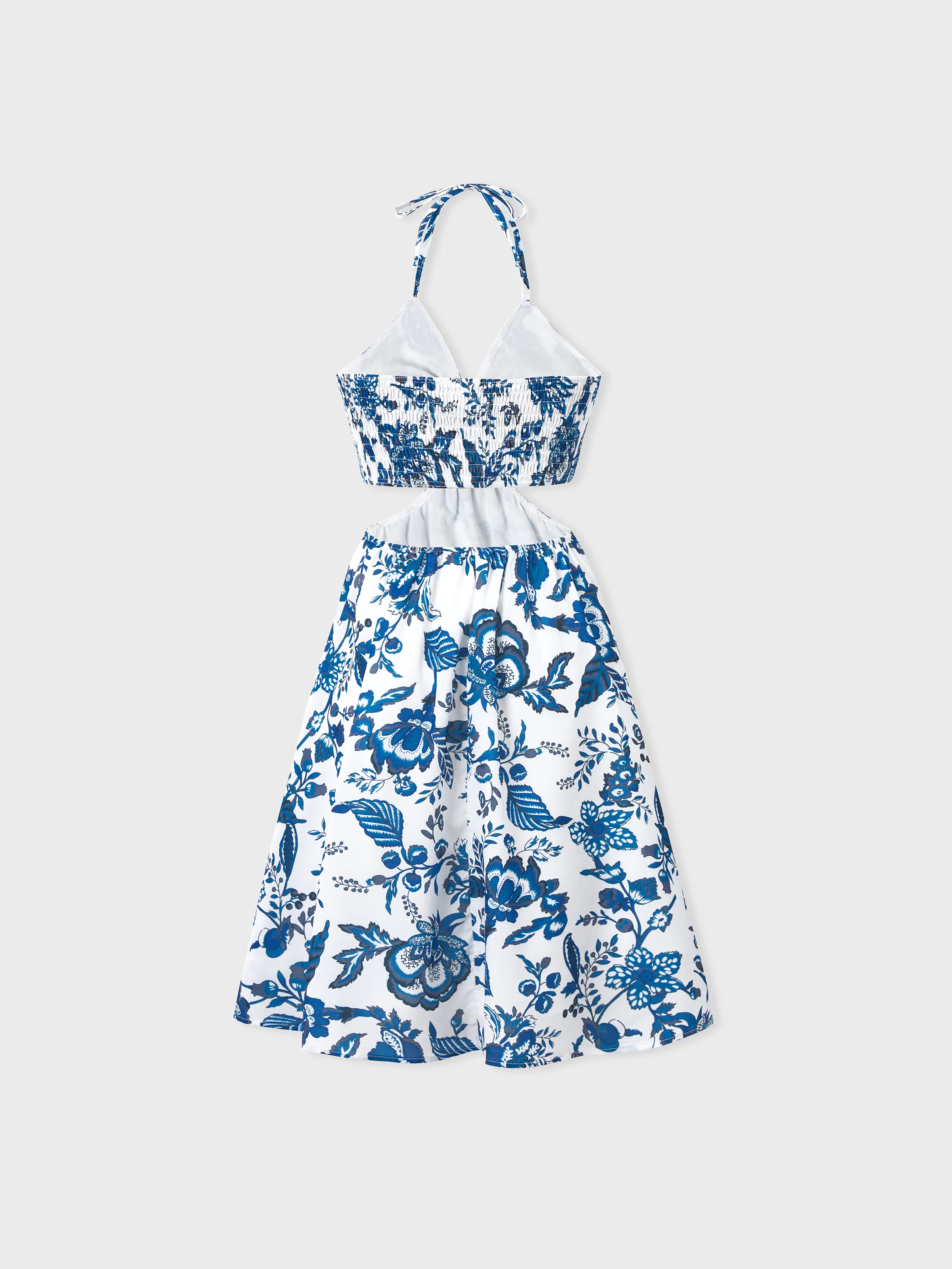 

Mommy and Me Dresses Blue Leaf Print Cut out waist Smocked Back Halter/ Strap Dress for Hawaii/Cruise/Resort/ Family Matching Outfits Casual Wear