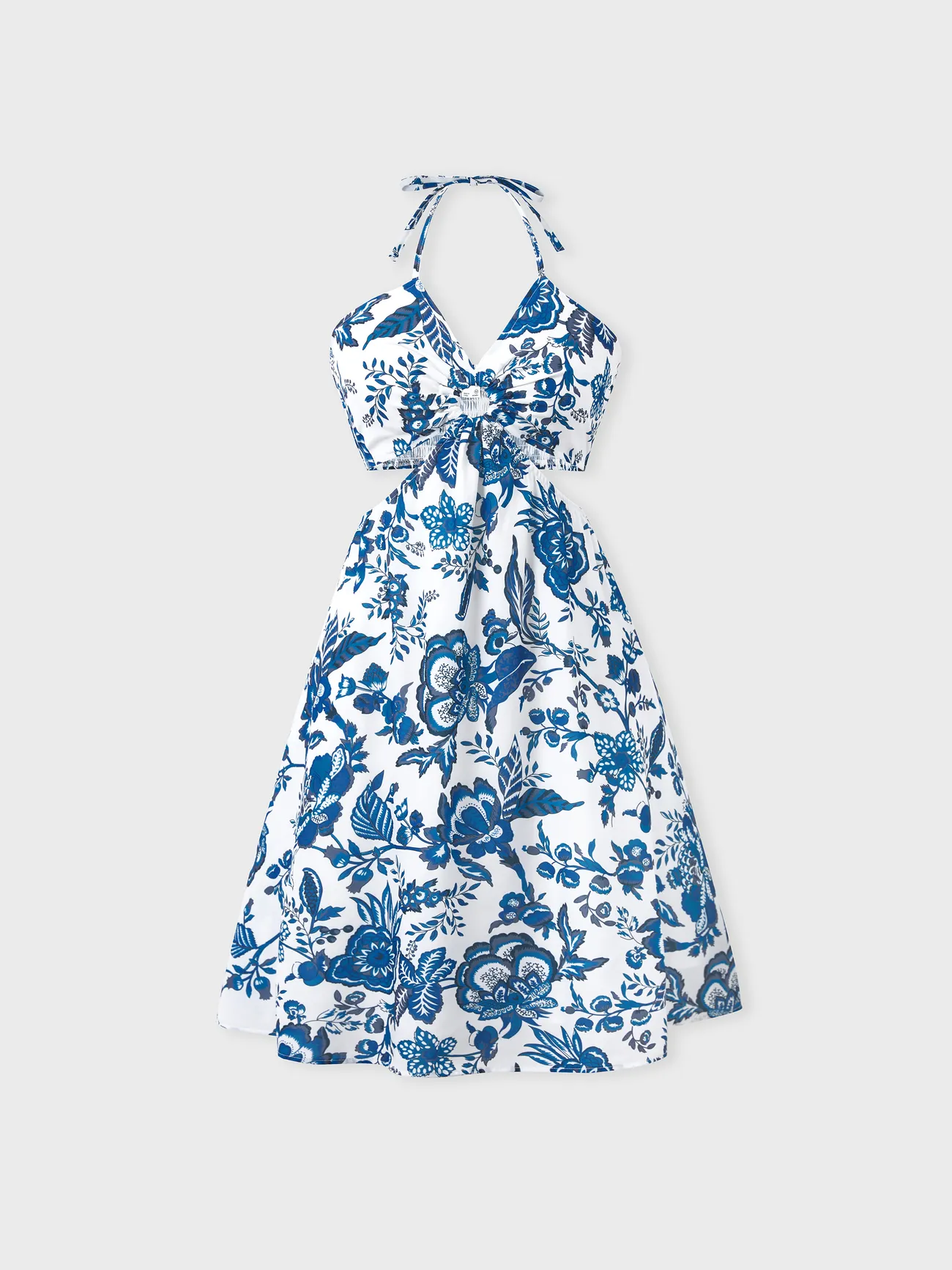 Women - Mommy and Me Dresses Blue Leaf Print Cut out waist Smocked Back Halter/ Strap Dress for Hawaii/Cruise/Resort/ Family Matching Outfits Casual Wear - Blue - image 2