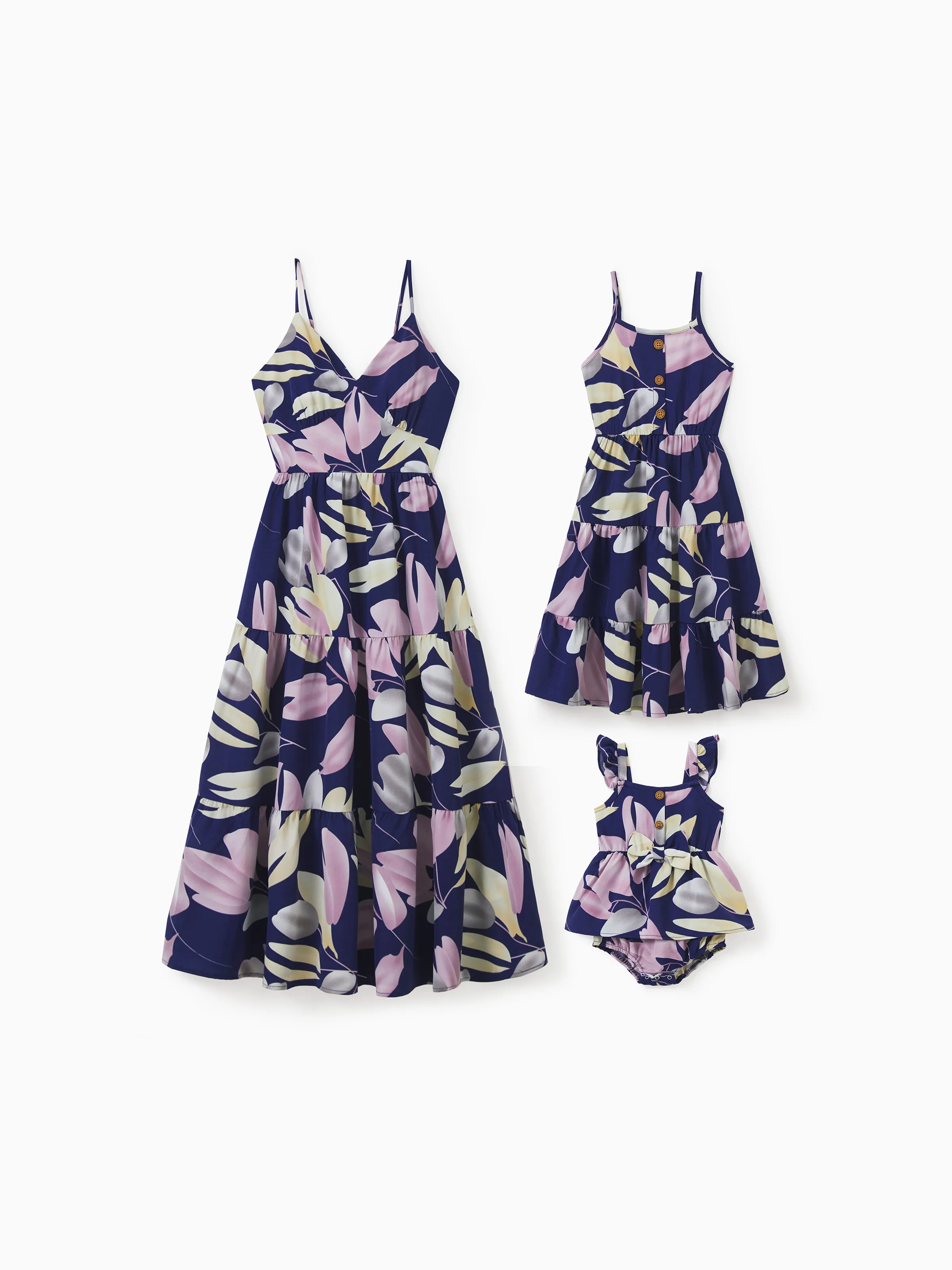 Mommy and Me Dresses Tropical Plants Floral Print Strap Belted Matching Dress