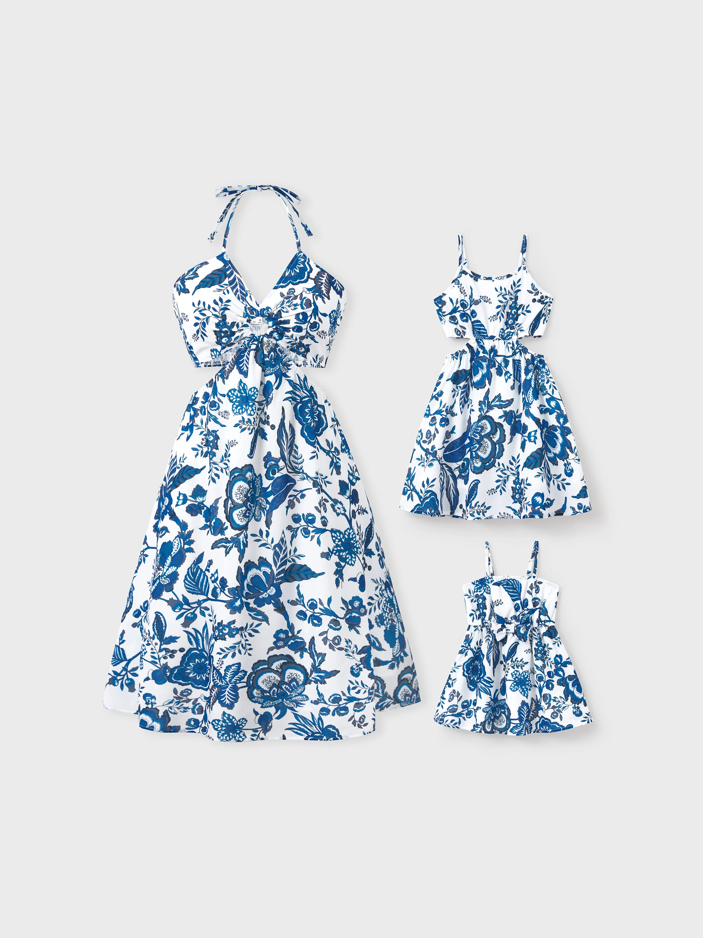 Mommy and Me Dresses Blue Leaf Print Cut out waist Smocked Back Halter/ Strap Dress for Hawaii/Cruise/Resort/ Family Matching Outfits Casual Wear