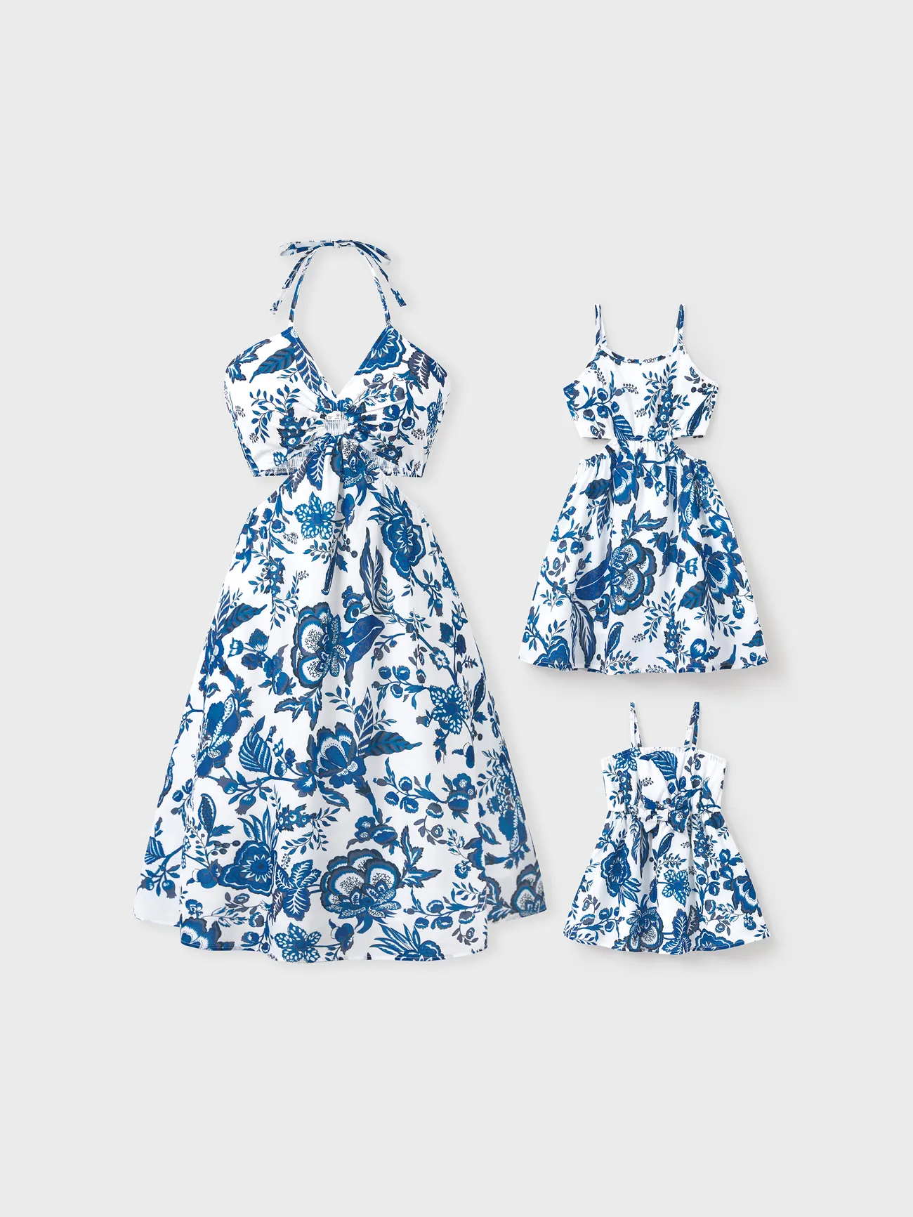 Mommy and Me Dresses Blue Leaf Print Cut out waist Smocked Back Halter/ Strap Dress for Hawaii/Cruise/Resort/ Family Matching Outfits Casual Wear - Blue - image 1