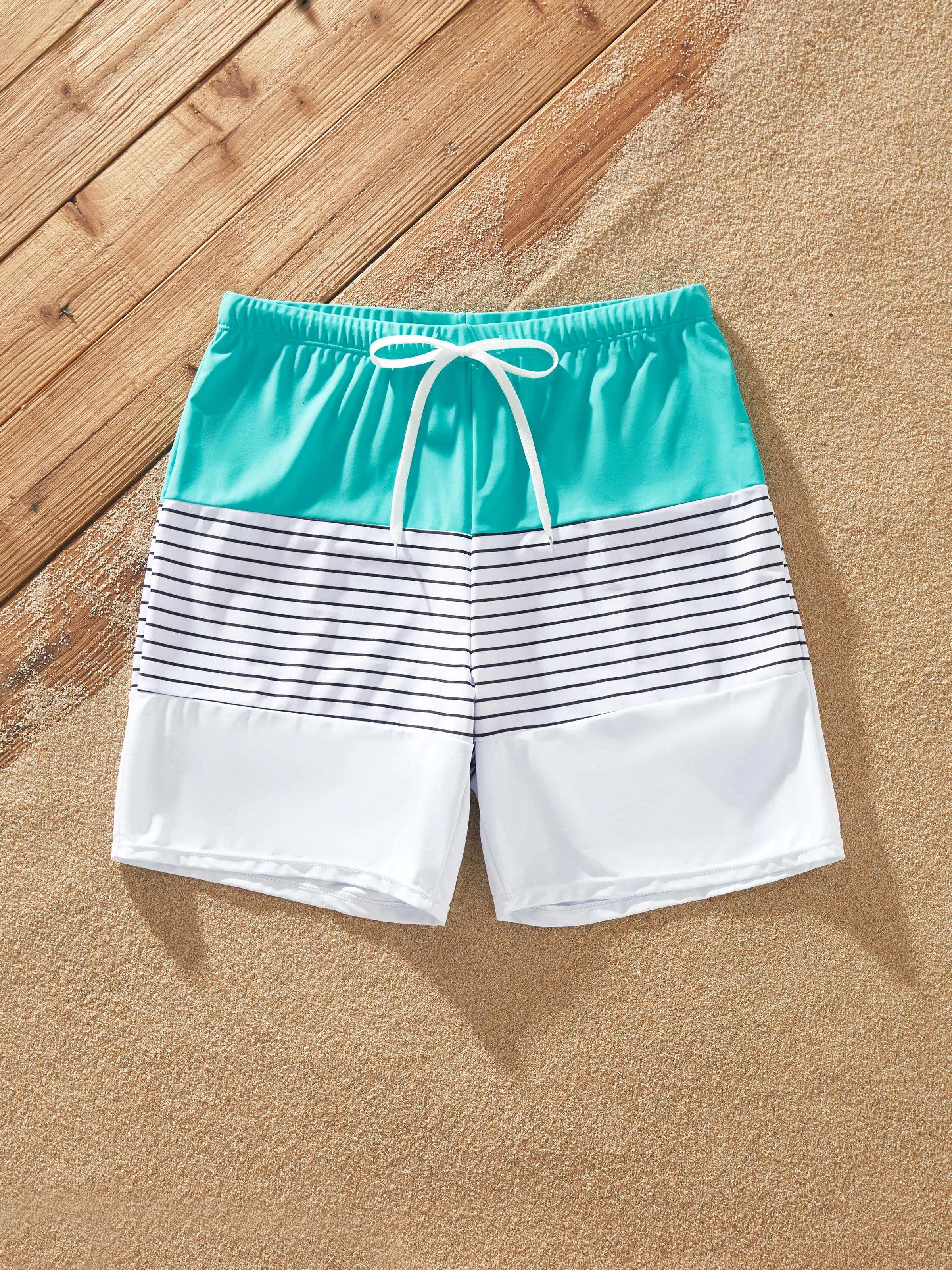 

Matching Family Swimwear Mint Green Cut Out Halter One-piece Swimsuits or Colorblock Stripe Swim Trunks