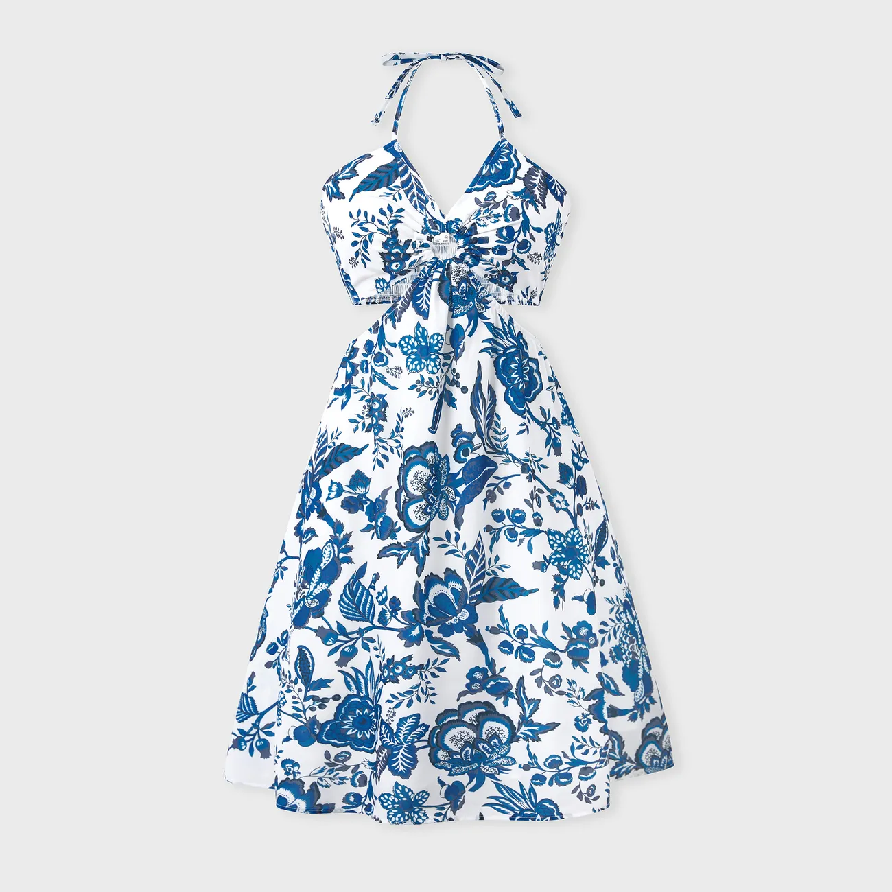 Mommy and Me Dresses Blue Leaf Print Cut out waist Smocked Back Halter/ Strap Dress for Hawaii/Cruise/Resort/ Family Matching Outfits Casual Wear