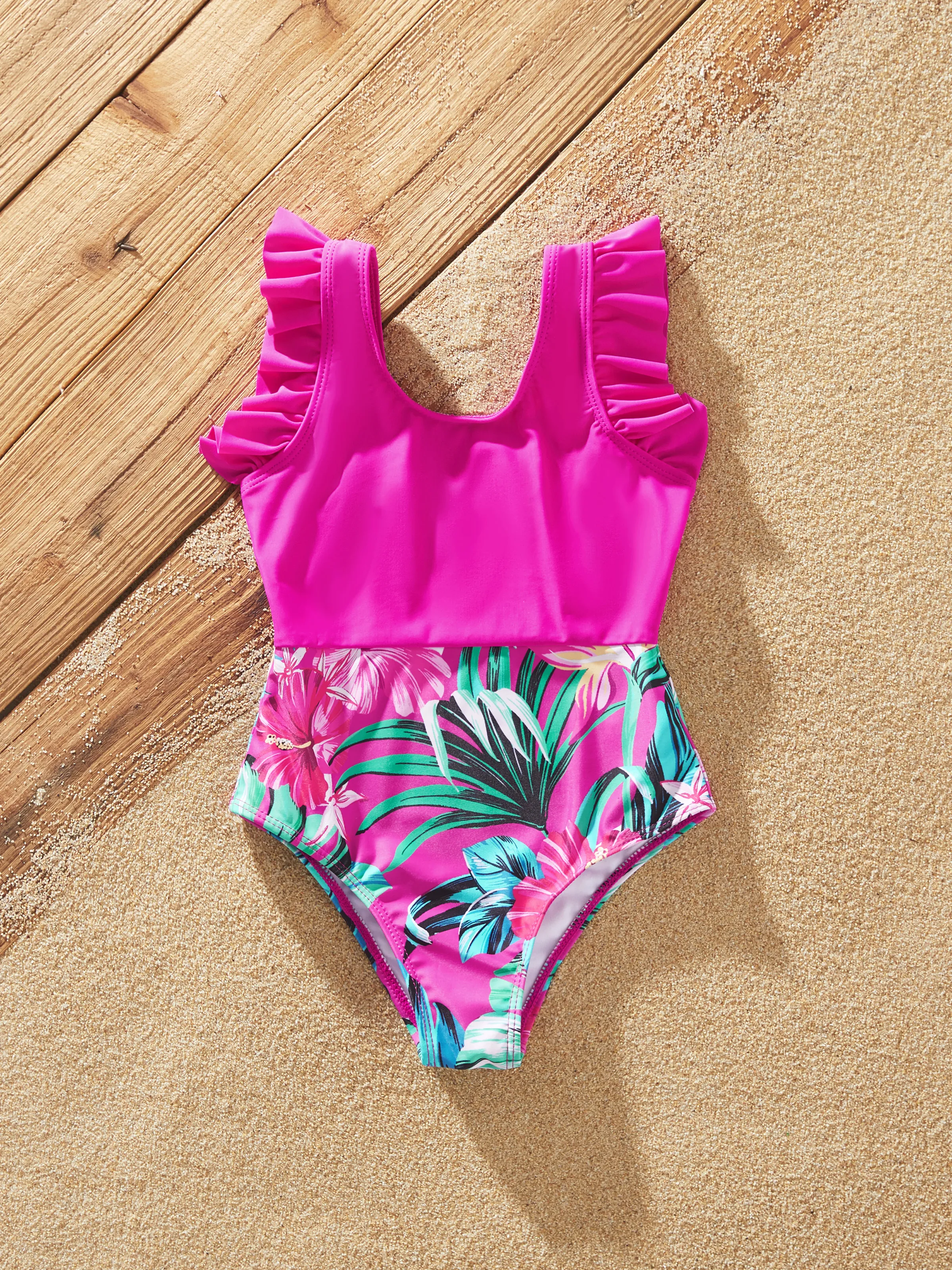 

Family Matching Swimsuits Tropical Pink Leaf Print Halter One-Piece Swimwear or Swim Trunks Set