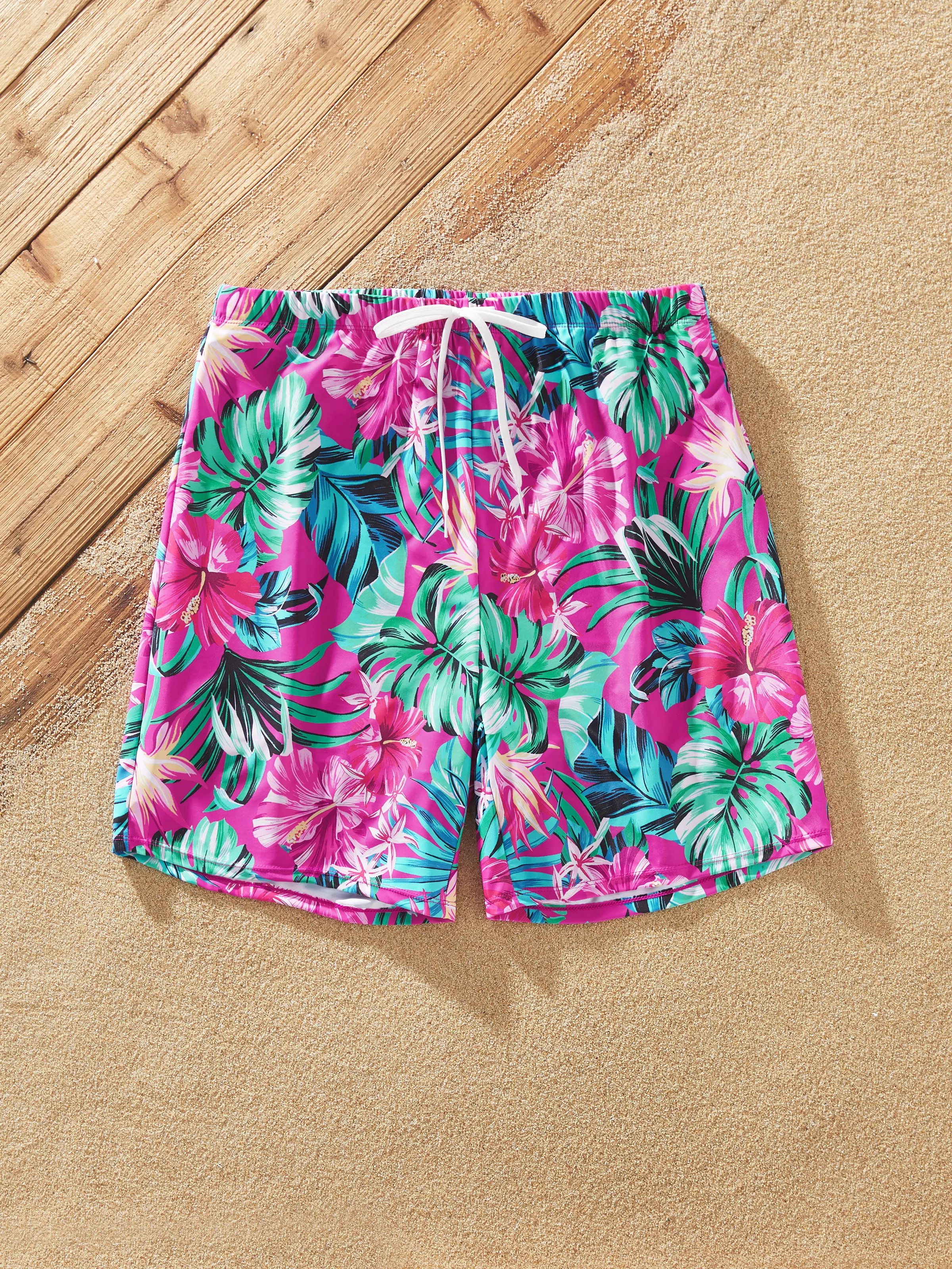 

Family Matching Swimsuits Tropical Pink Leaf Print Halter One-Piece Swimwear or Swim Trunks Set