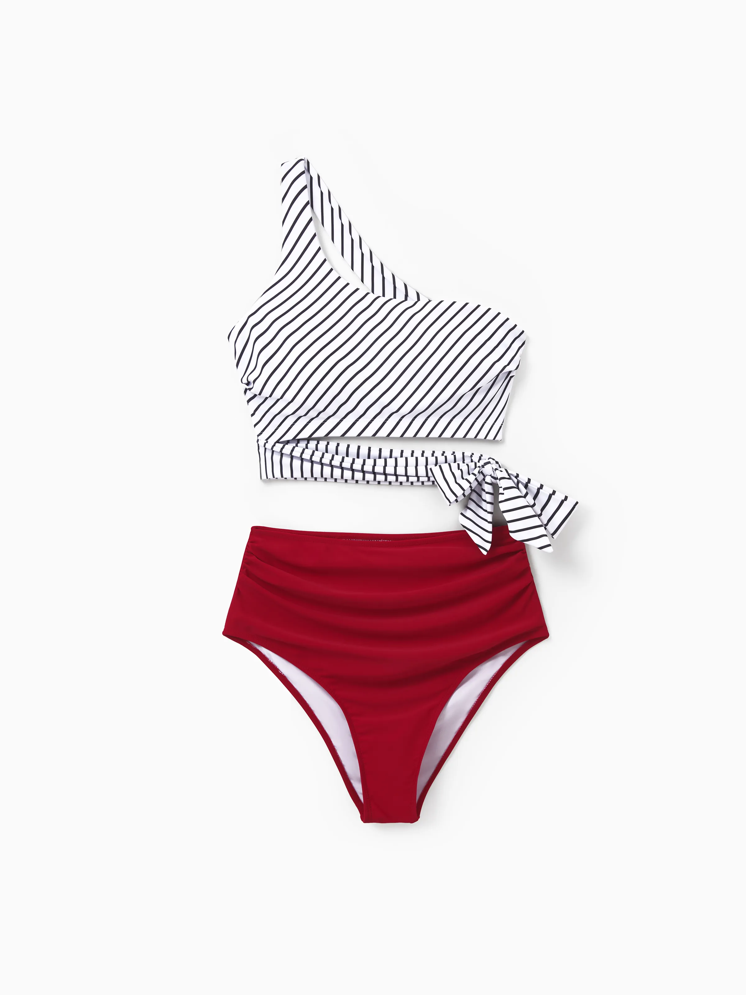 

Family Matching Swimsuits Red Striped One-Shoulder Bikini or Colorblock Swim Trunks Matching Beachwear Outfits for Summer, Cruise, Vacation