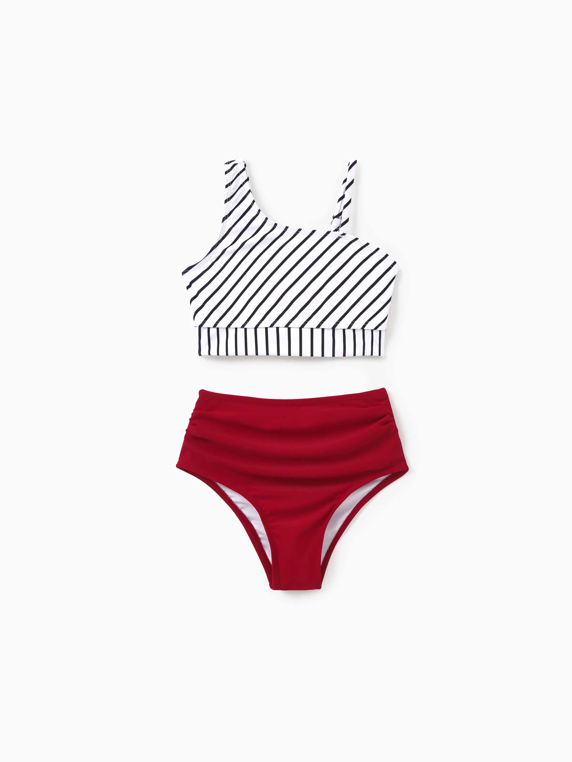 

Family Matching Swimsuits Red Striped One-Shoulder Bikini or Colorblock Swim Trunks Matching Beachwear Outfits for Summer, Cruise, Vacation