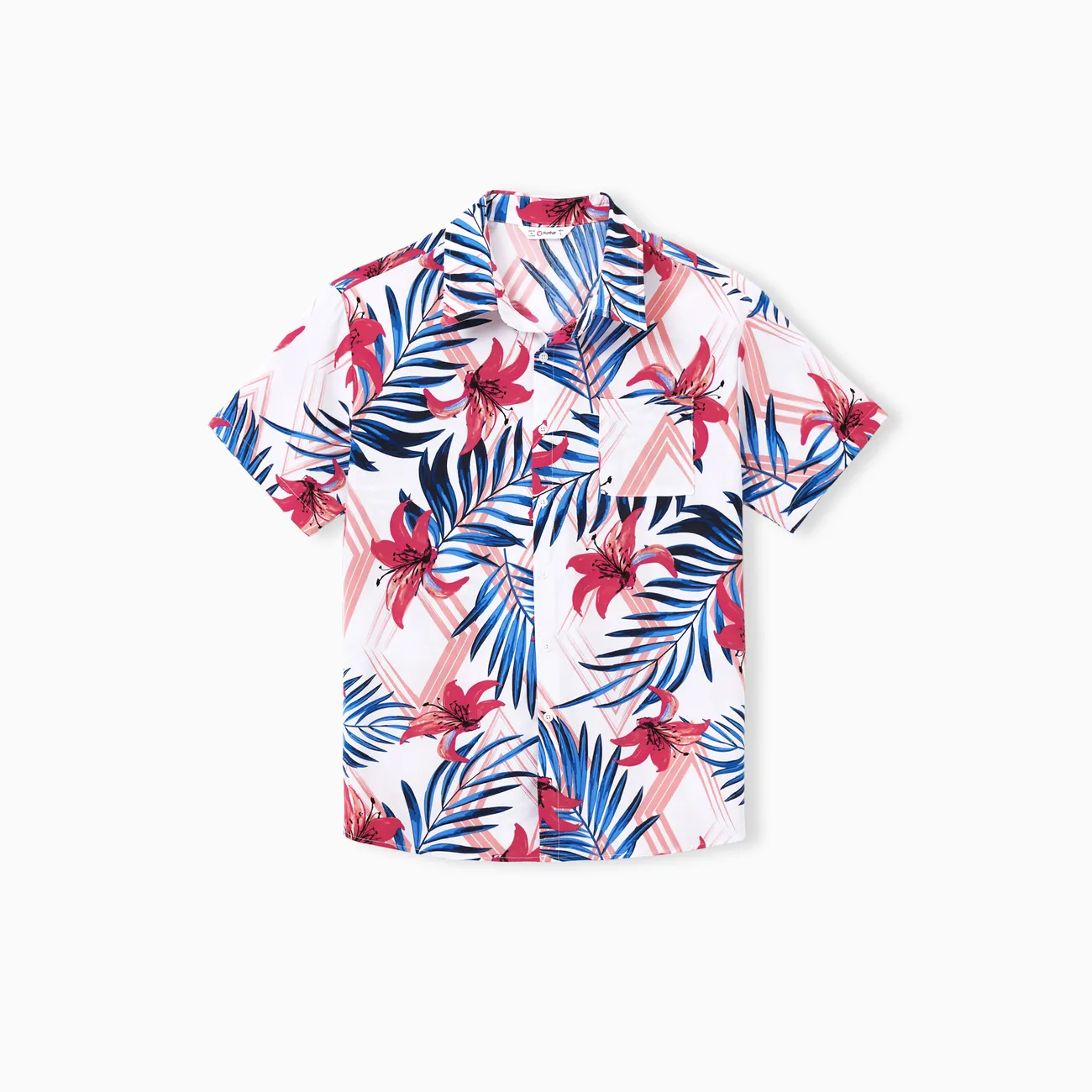 Tropical Floral Family Matching Outfits Pink Blue Leaf Print Short-sleeve Shirt or One Shoulder Smocked top and Skirt Co-ord Set for Vacation, Cruise, Beach