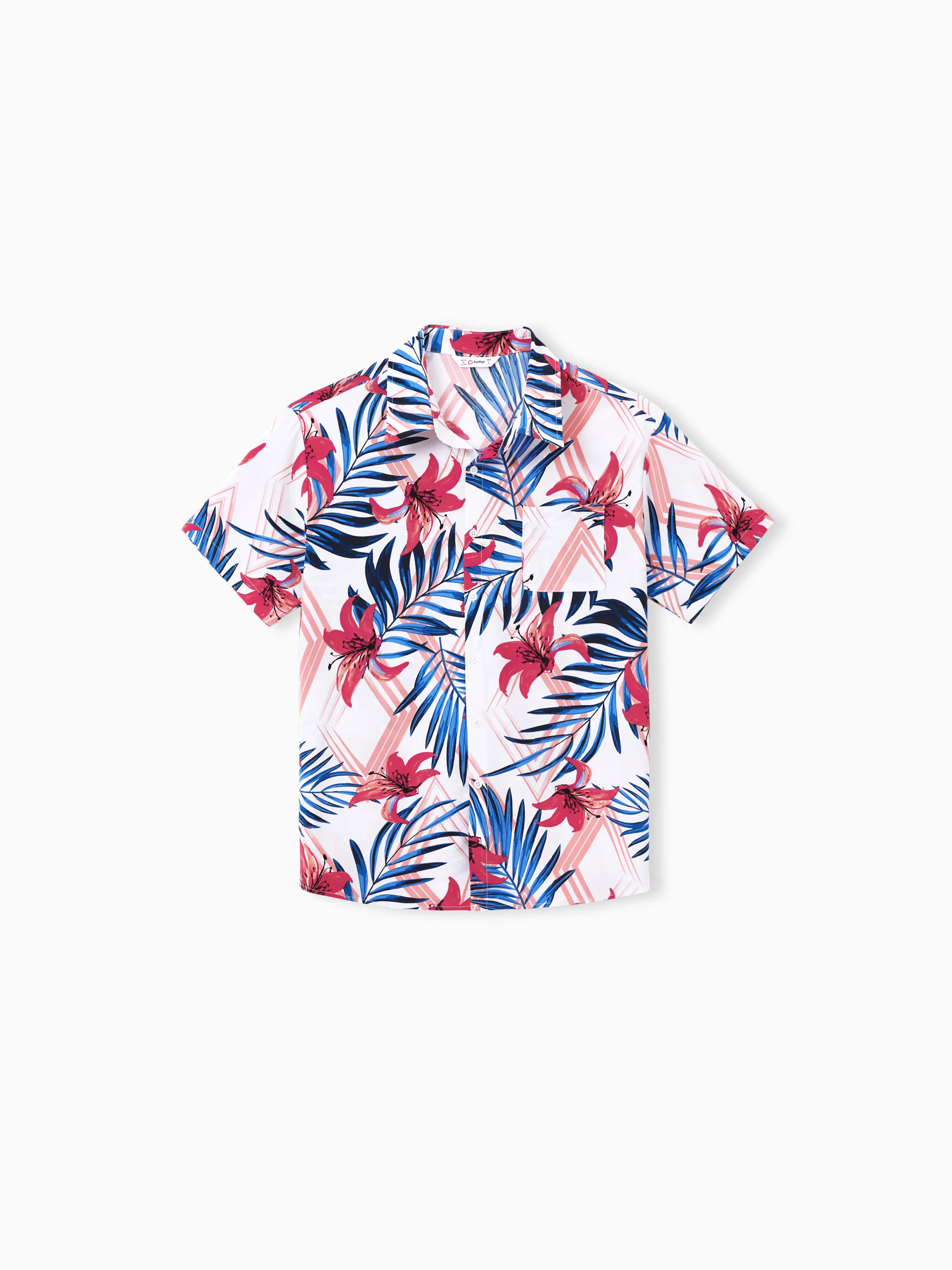 

Tropical Floral Family Matching Outfits Pink Blue Leaf Print Short-sleeve Shirt or One Shoulder Smocked top and Skirt Co-ord Set for Vacation, Cruise, Beach
