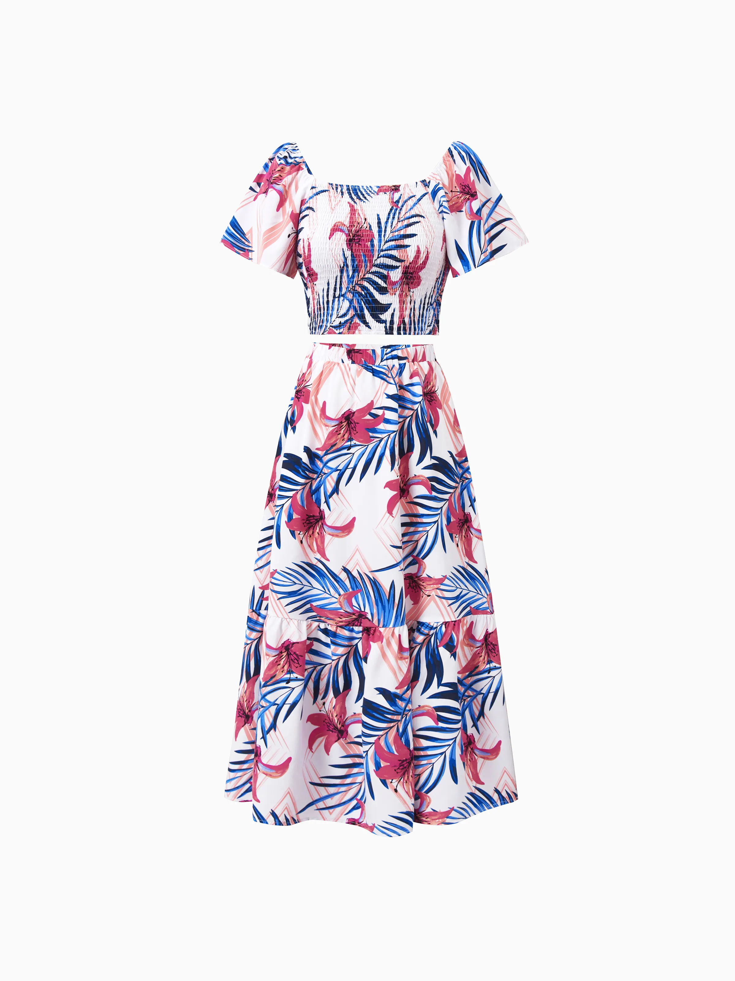 

Tropical Floral Family Matching Outfits Pink Blue Leaf Print Short-sleeve Shirt or One Shoulder Smocked top and Skirt Co-ord Set for Vacation, Cruise, Beach