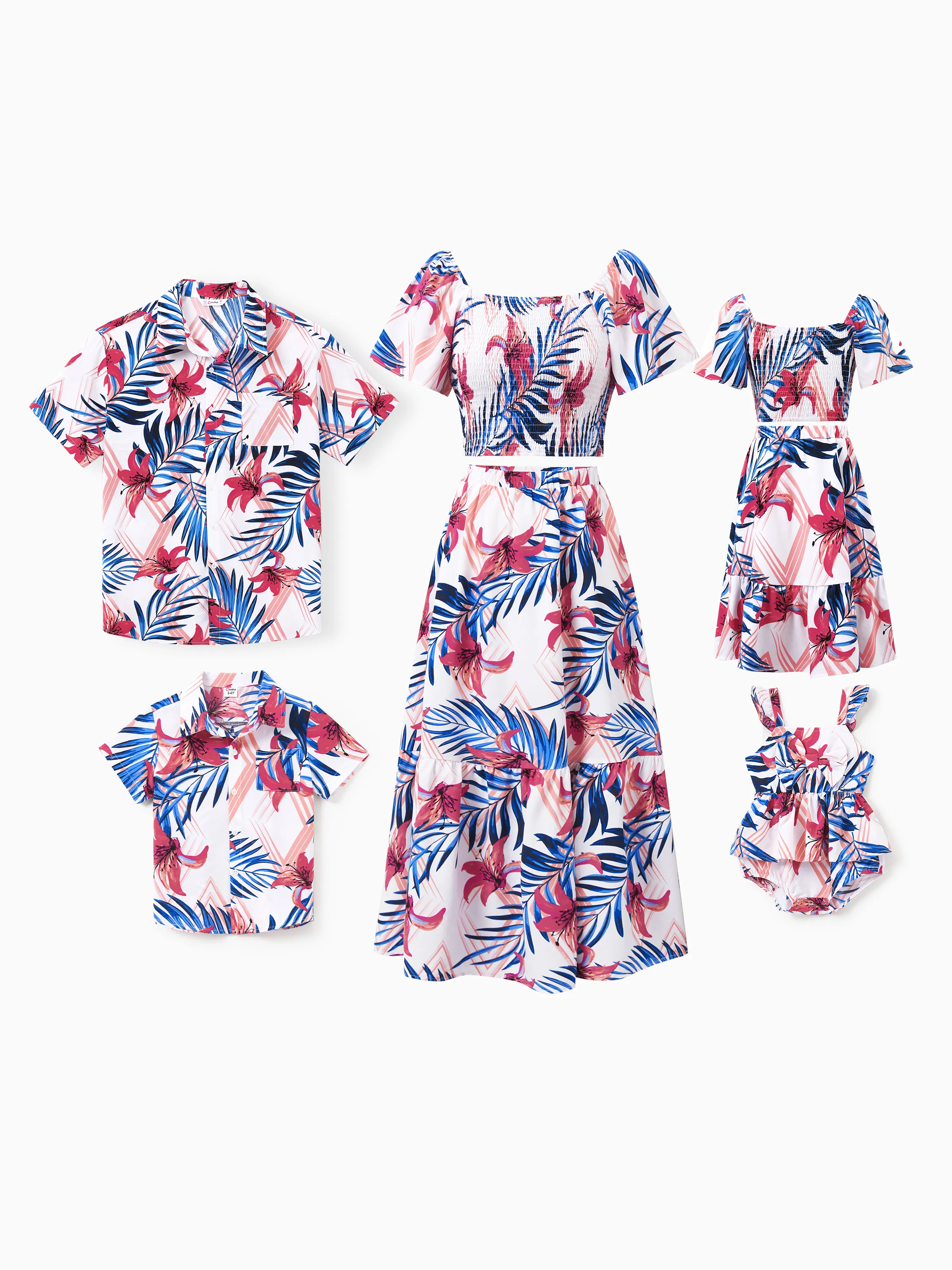 Tropical Floral Family Matching Outfits Pink Blue Leaf Print Short-sleeve Shirt or One Shoulder Smocked top and Skirt Co-ord Set for Vacation, Cruise, Beach