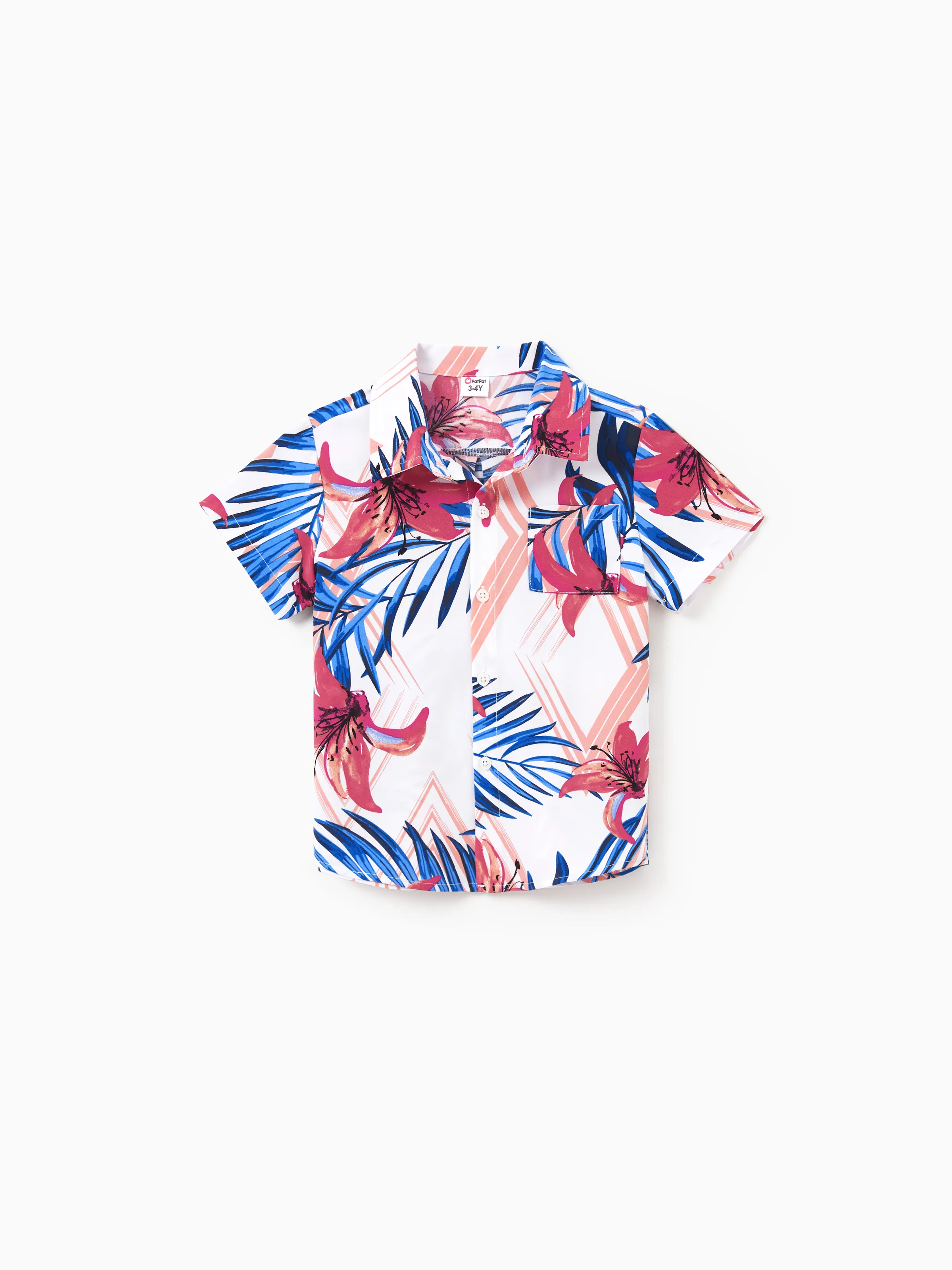 

Tropical Floral Family Matching Outfits Pink Blue Leaf Print Short-sleeve Shirt or One Shoulder Smocked top and Skirt Co-ord Set for Vacation, Cruise, Beach